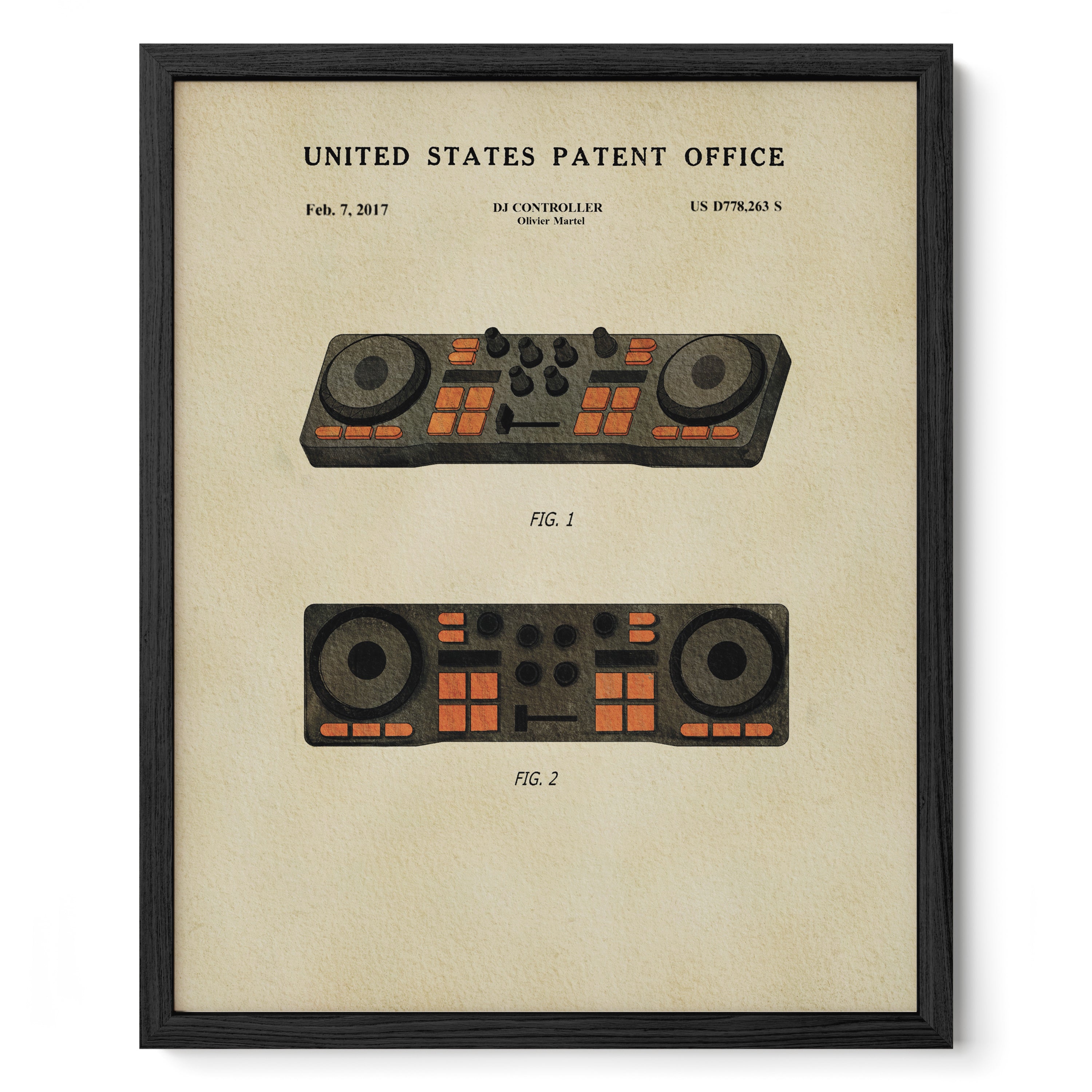 The image is a framed print featuring a vintage-style DJ controller patent from the United States Patent Office.