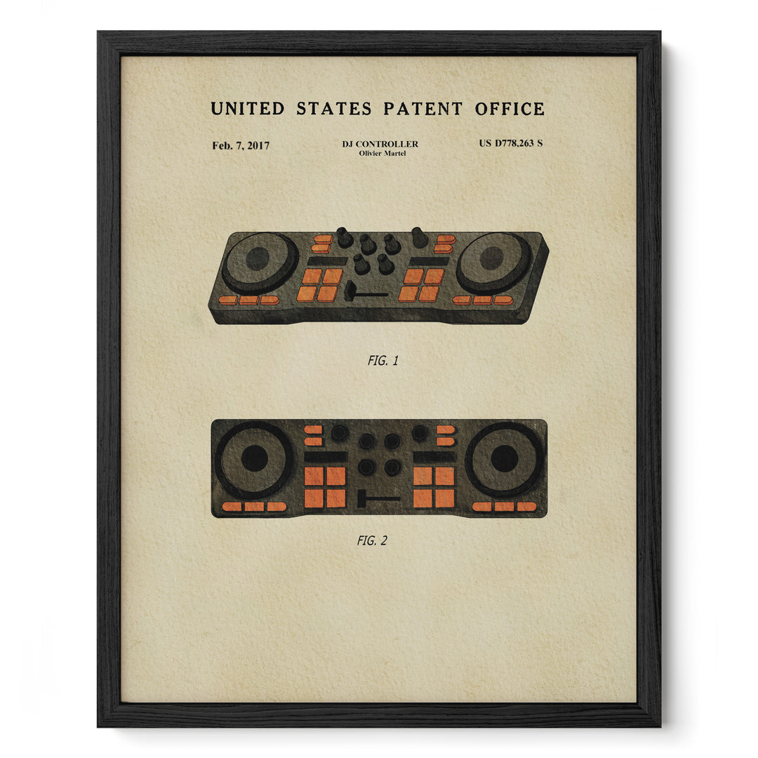 The image is a framed print featuring a vintage-style DJ controller patent from the United States Patent Office.