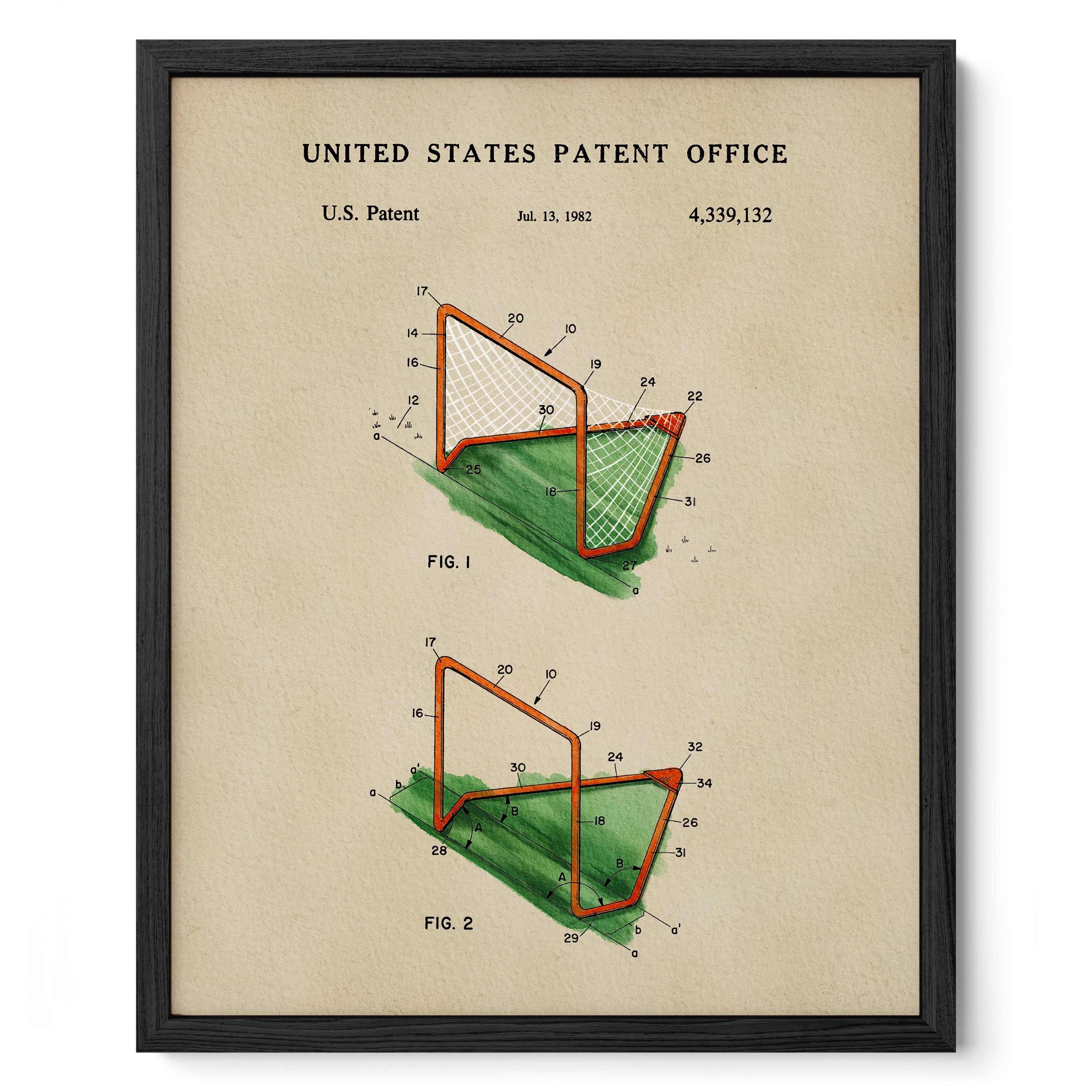 The image is a framed print depicting a watercolor illustration of a hockey goal, with the United States Patent Office and a patent filing date visible.