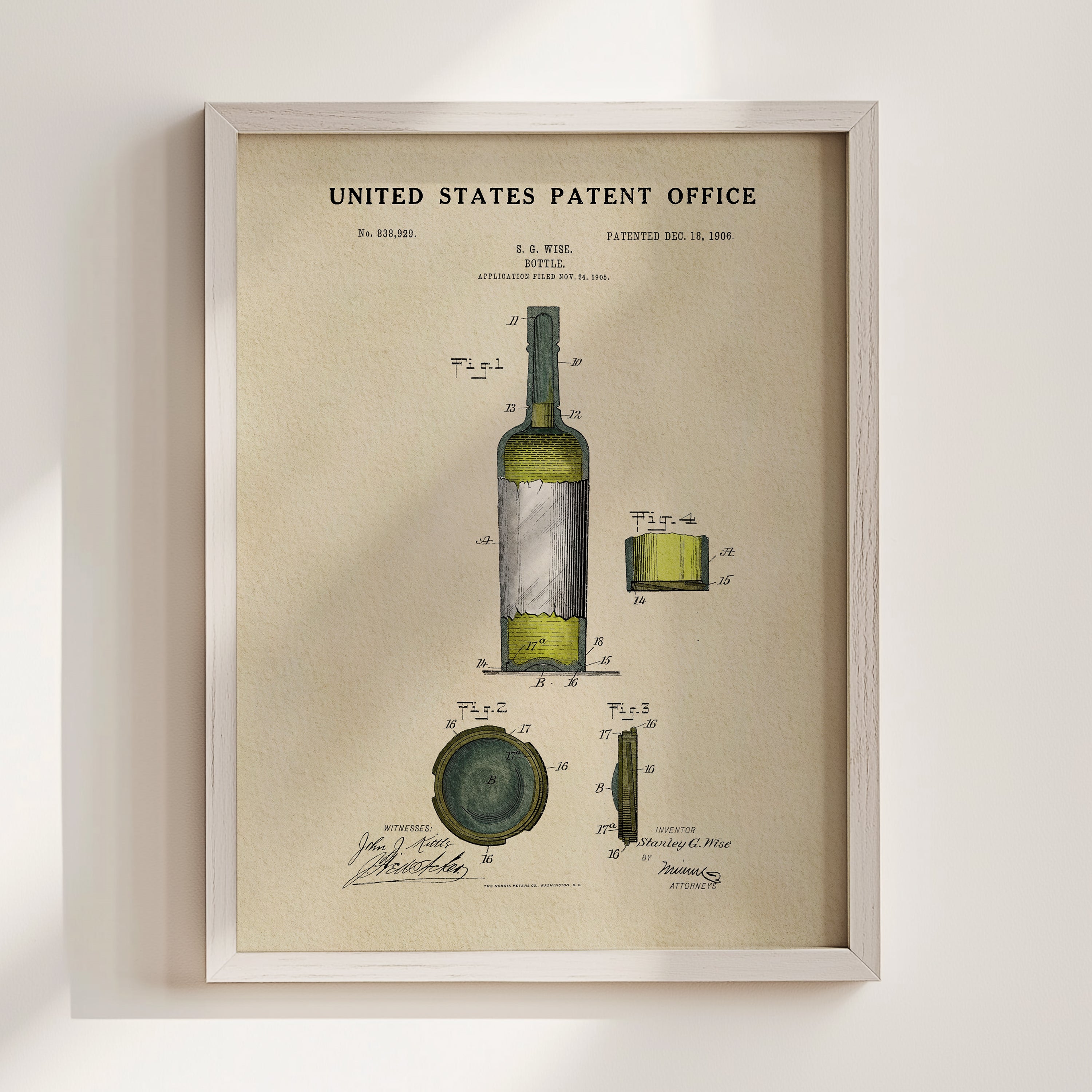 The image is a framed patent drawing depicting a wine bottle and its components, including the label and the cork.