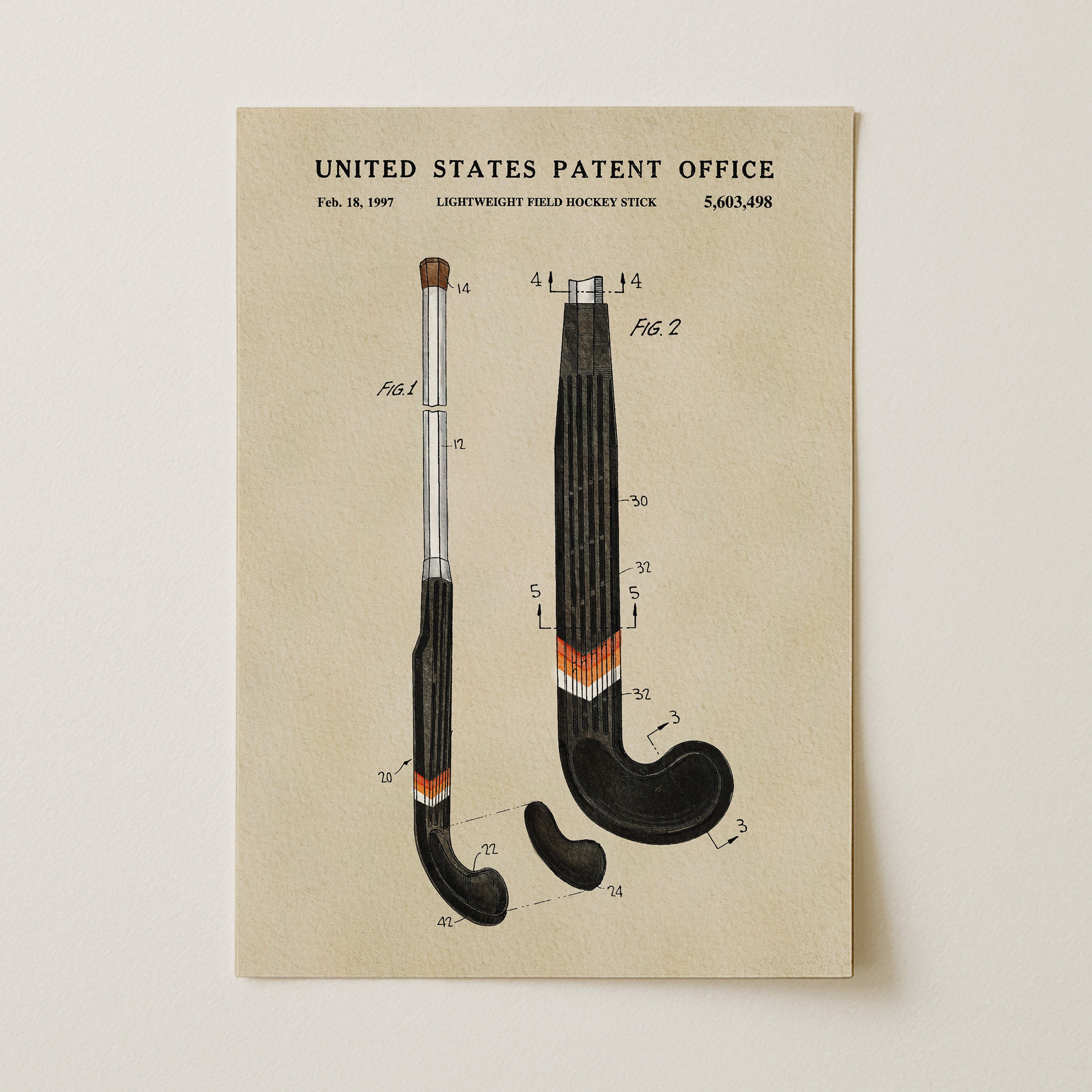 The image is a patent drawing of a hockey stick, depicting the design and features of the stick in a technical drawing style.