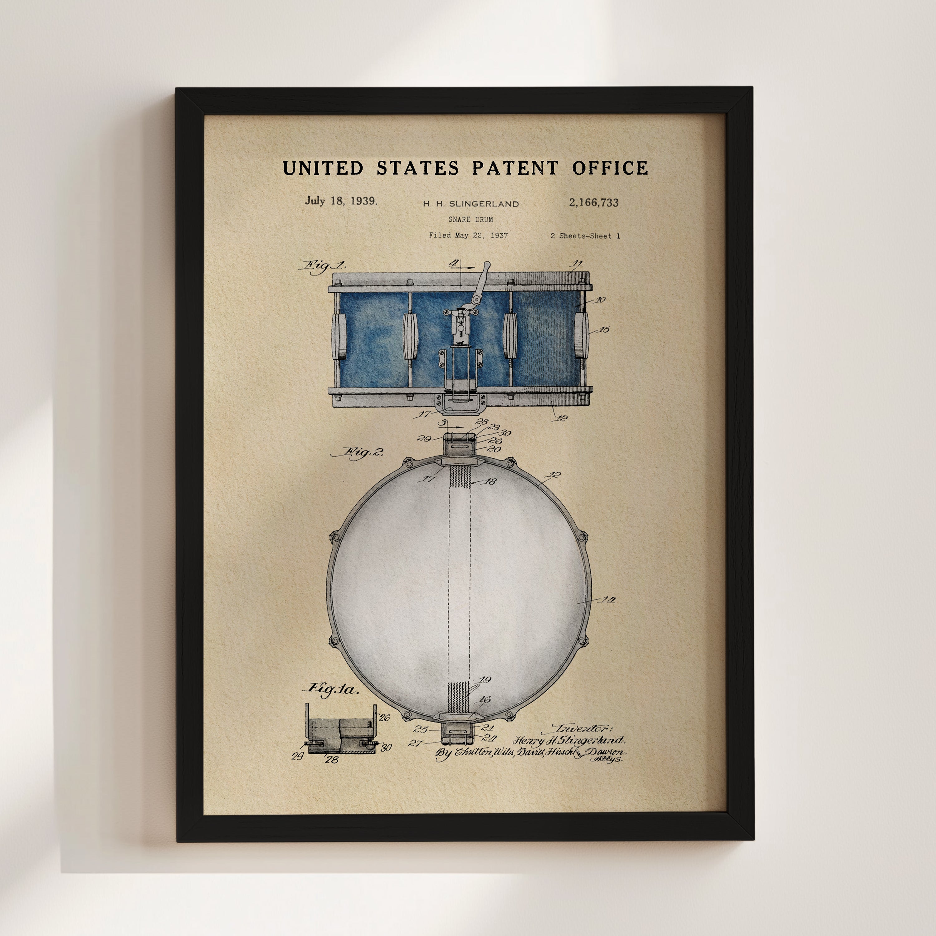 The image is a framed patent drawing of a drum set, depicting the design and construction of the instrument.