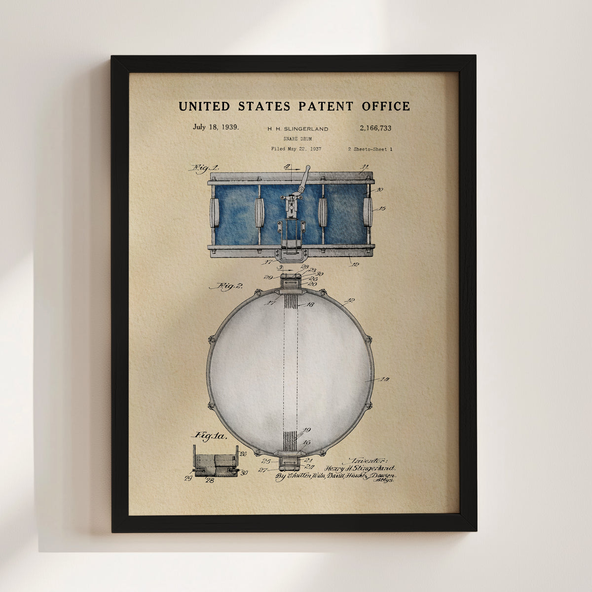 The image is a framed patent drawing of a drum set, depicting the design and construction of the instrument.