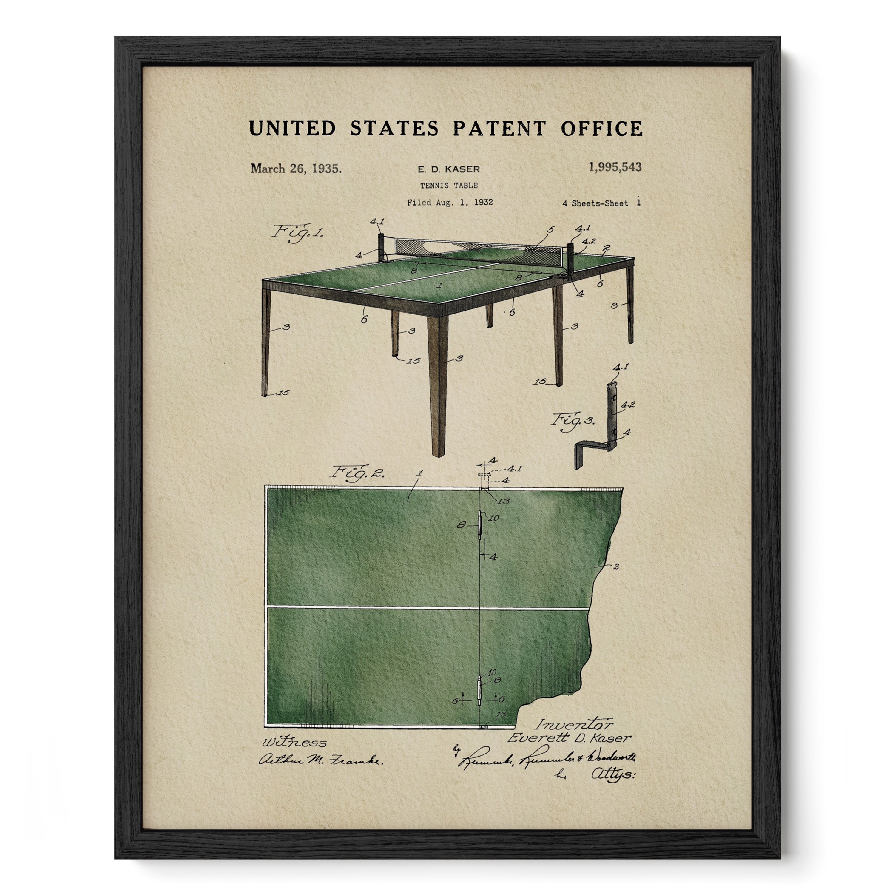 The image is a framed print of a patent drawing for a table tennis table, featuring detailed technical drawings and annotations.