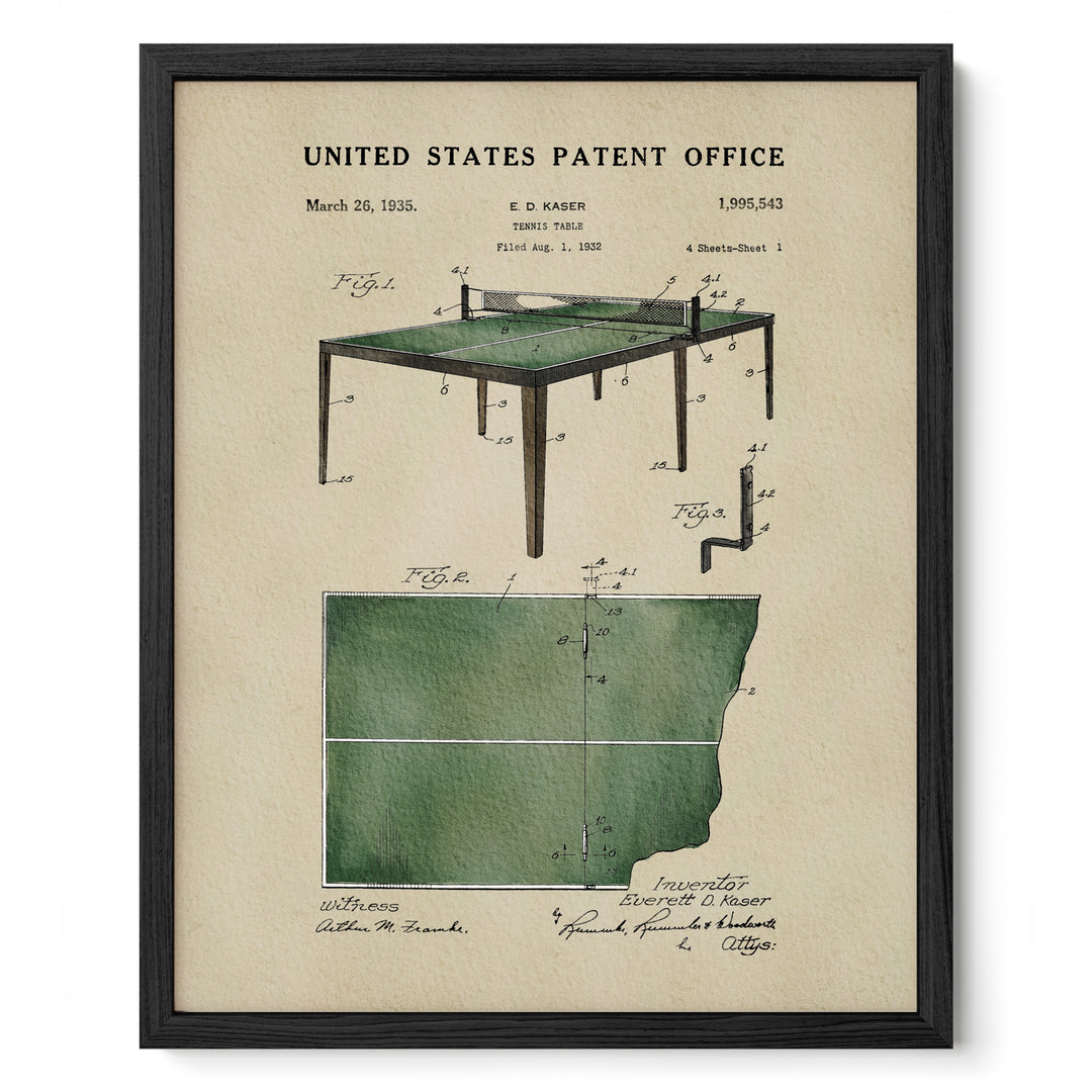 The image is a framed print of a patent drawing for a table tennis table, featuring detailed technical drawings and annotations.