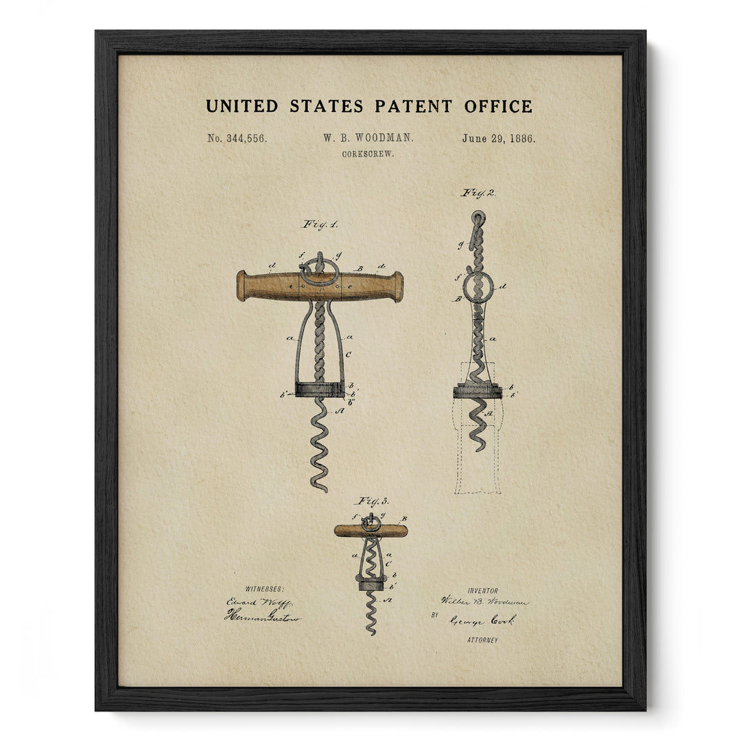 The image is a framed vintage patent drawing depicting a corkscrew, with accompanying technical drawings and annotations.