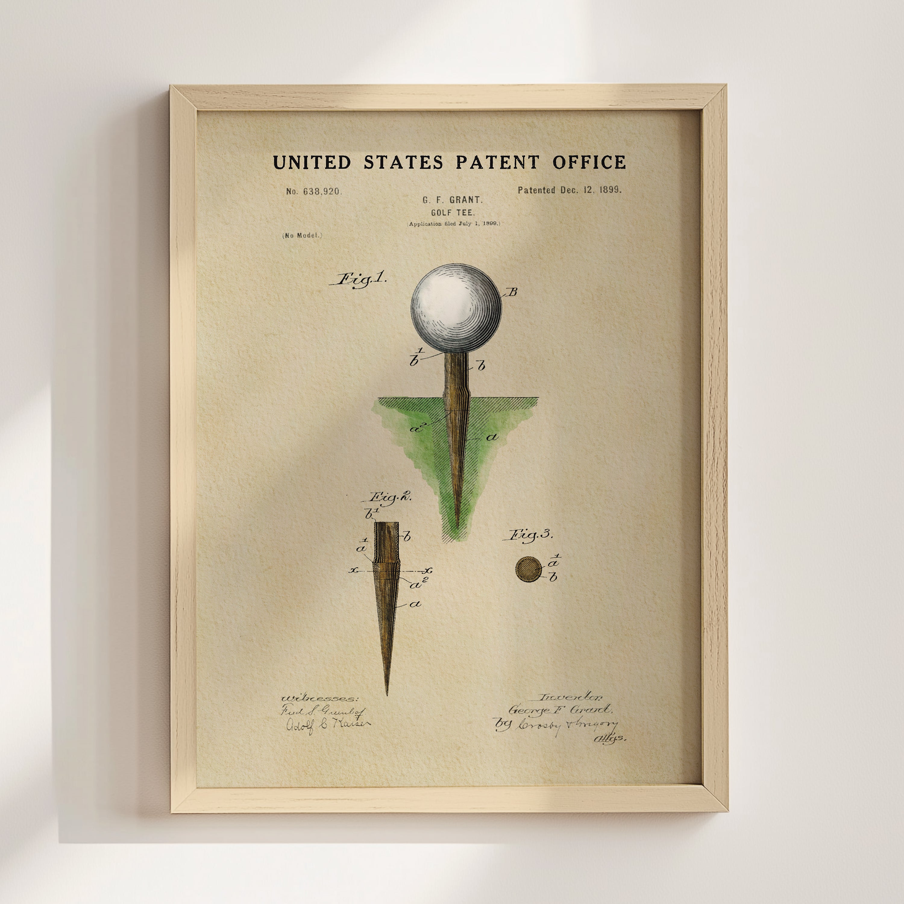 The image is a framed print of a United States patent office patent from December 12, 1899, depicting a golf club with a white ball on a green base.