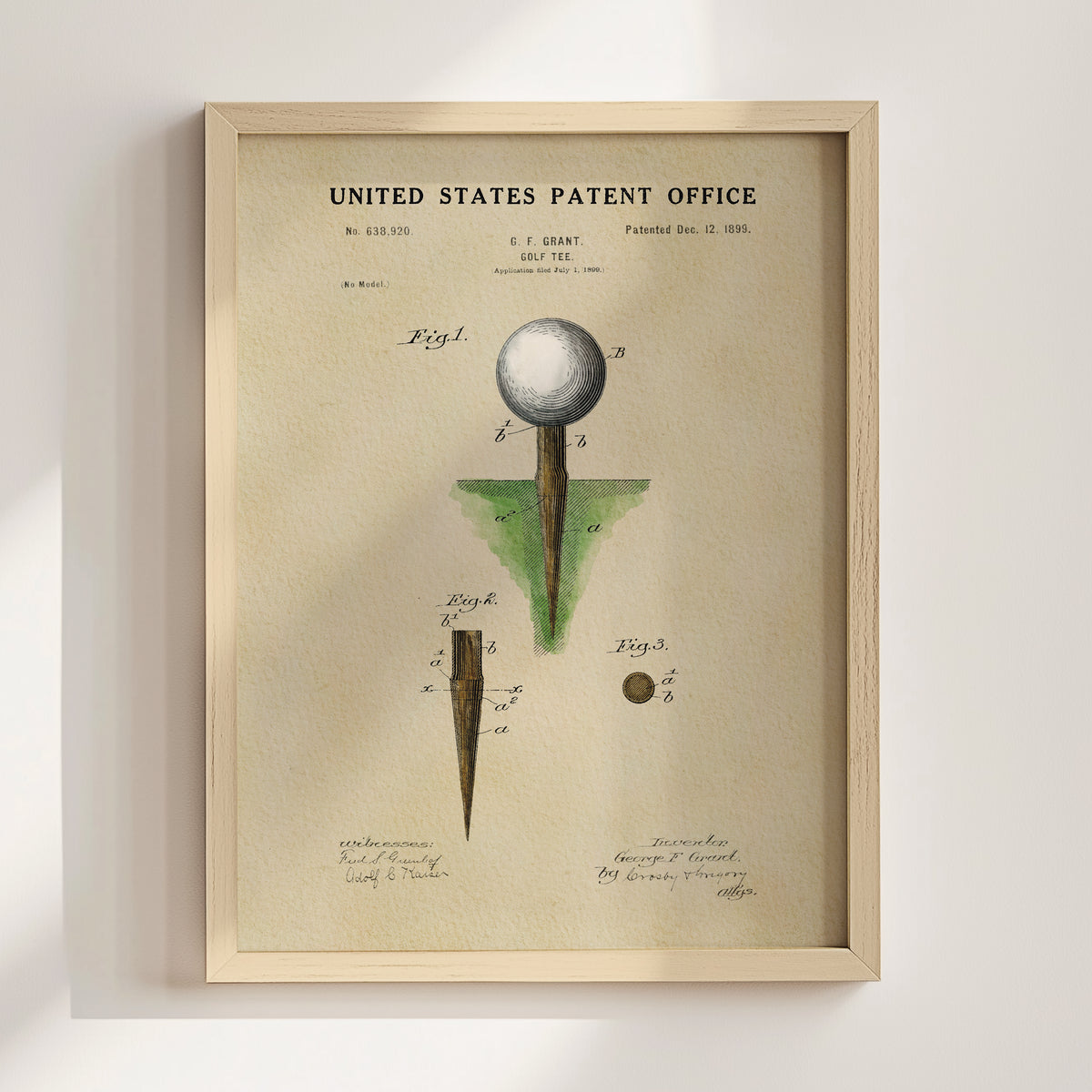 The image is a framed print of a United States patent office patent from December 12, 1899, depicting a golf club with a white ball on a green base.