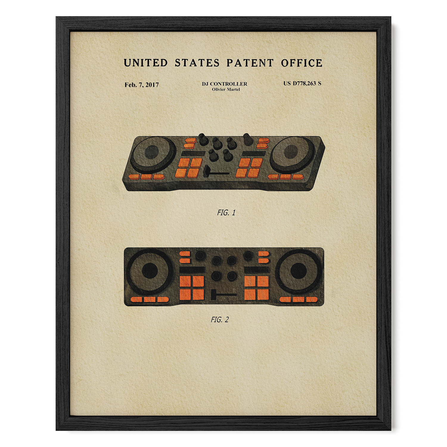 The image is a framed print featuring a vintage DJ controller patent from the United States Patent Office.