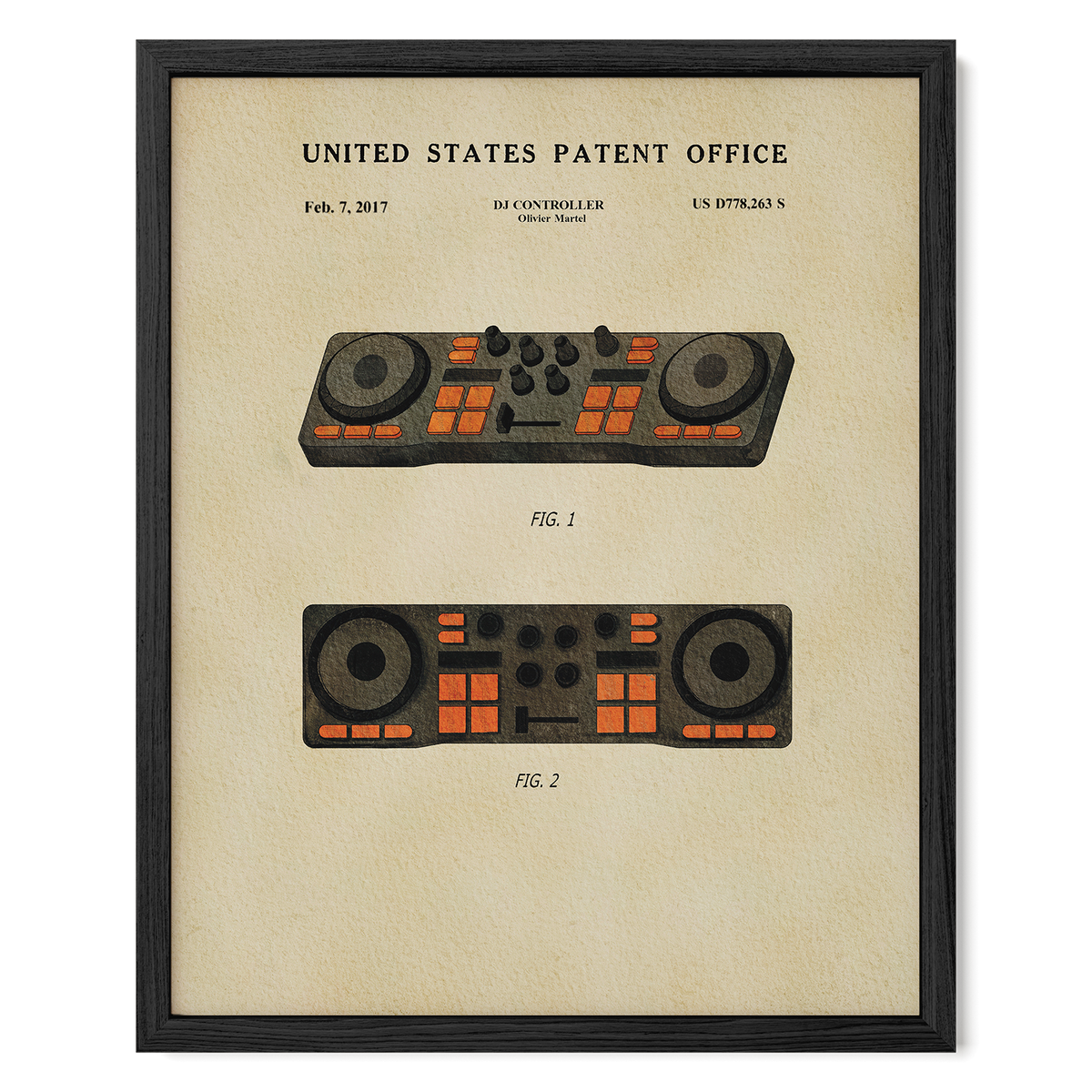 The image is a framed print featuring a vintage DJ controller patent from the United States Patent Office.
