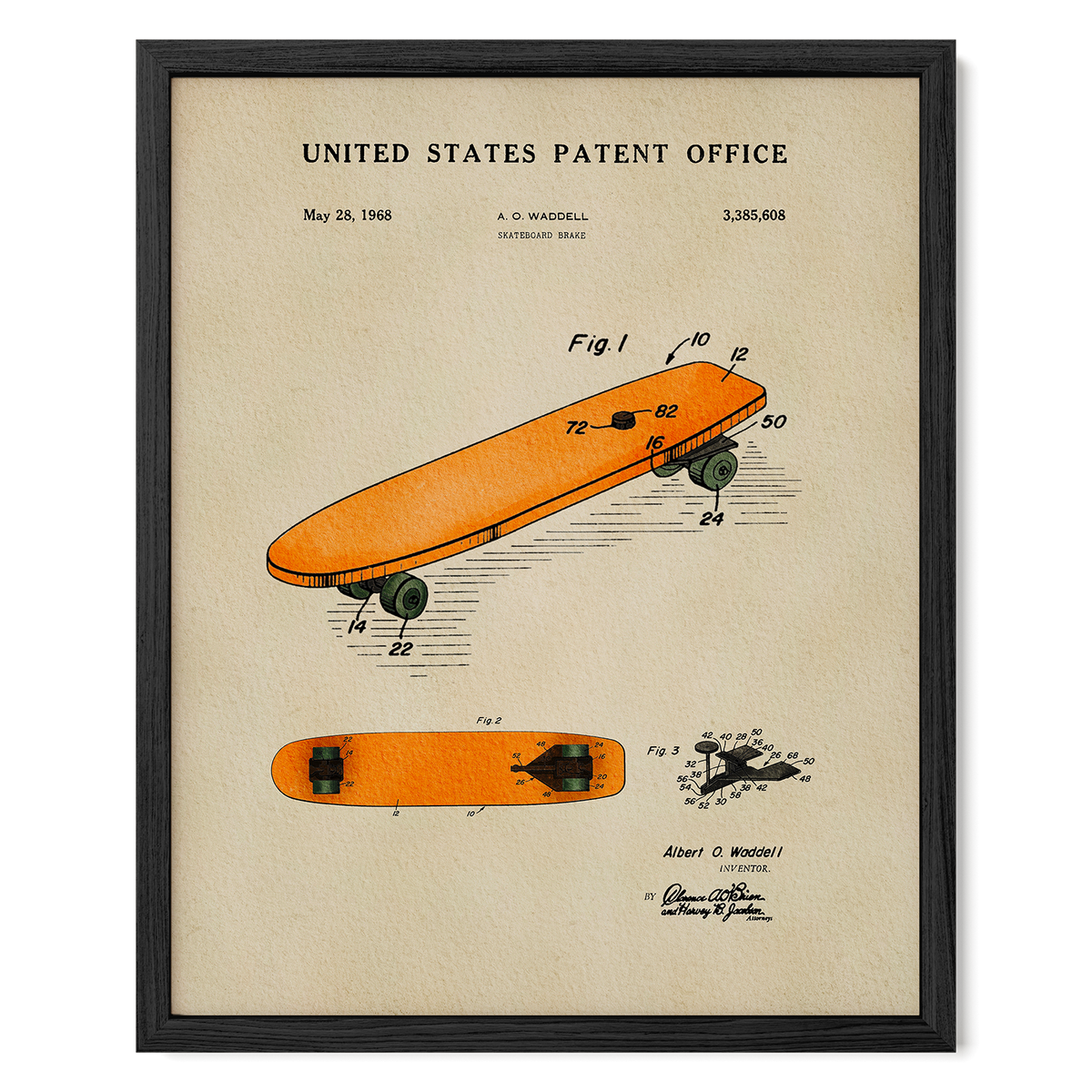 The image is a framed patent drawing of an orange skateboard, depicting the design and features of the skateboard.