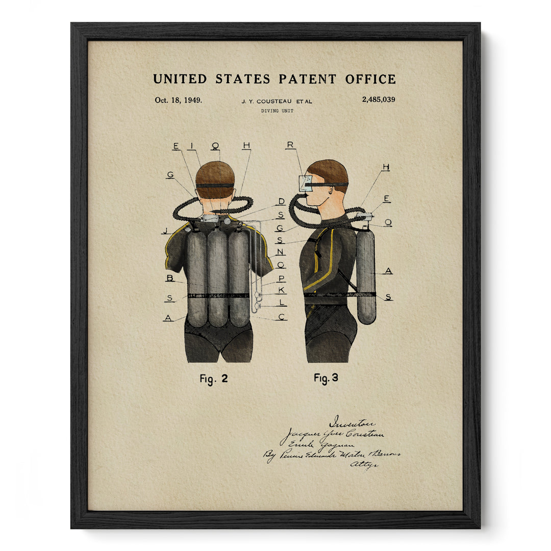 The image is a framed print depicting a diving suit with a detailed illustration of its components, including the helmet, snorkel, and other accessories.