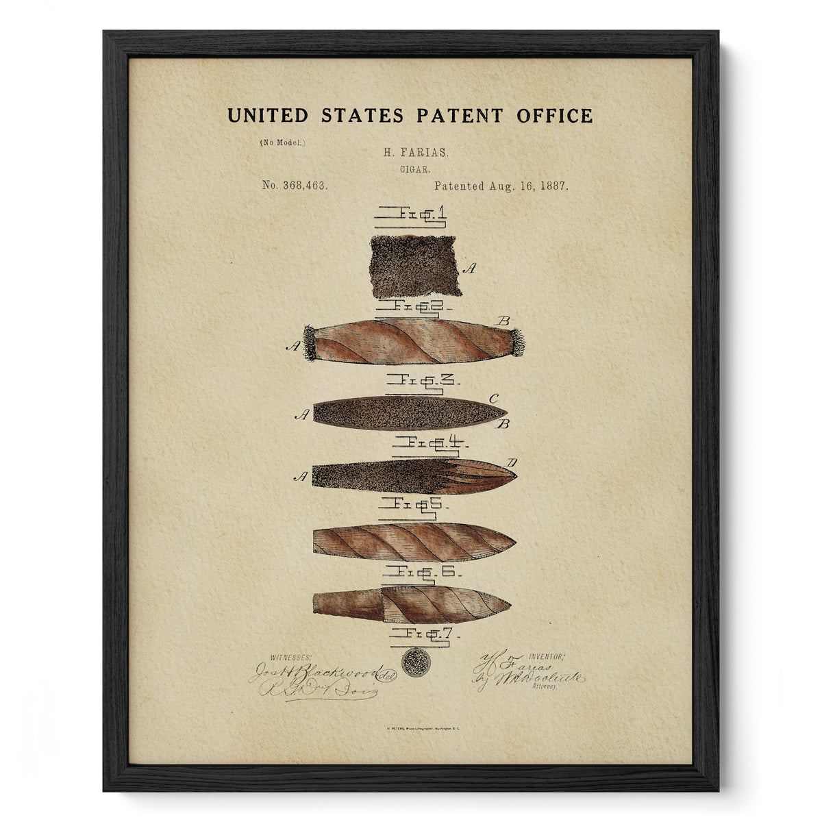 The image is a framed print depicting a patent application for a cigar, with various cigar models shown in a detailed illustration.