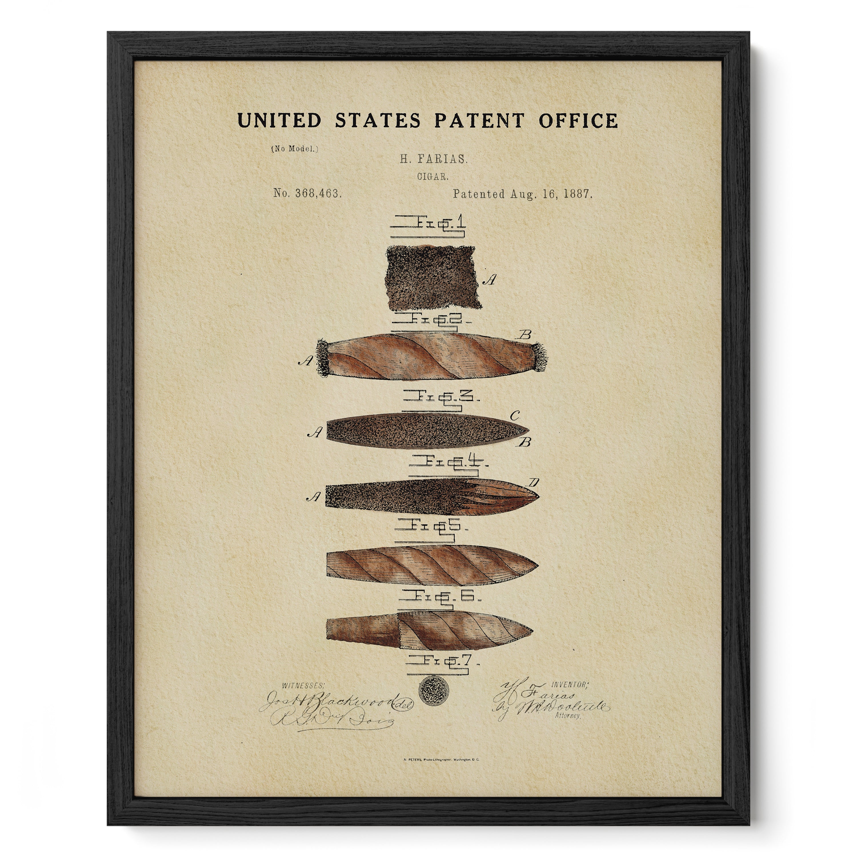The image is a framed print depicting a patent application for a cigar, with various cigar models shown in a detailed illustration.
