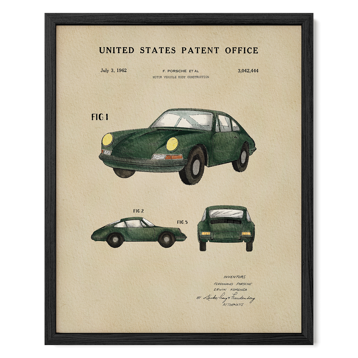 The image is a framed patent drawing of a green Porsche 911 car, depicting the car's design and features.