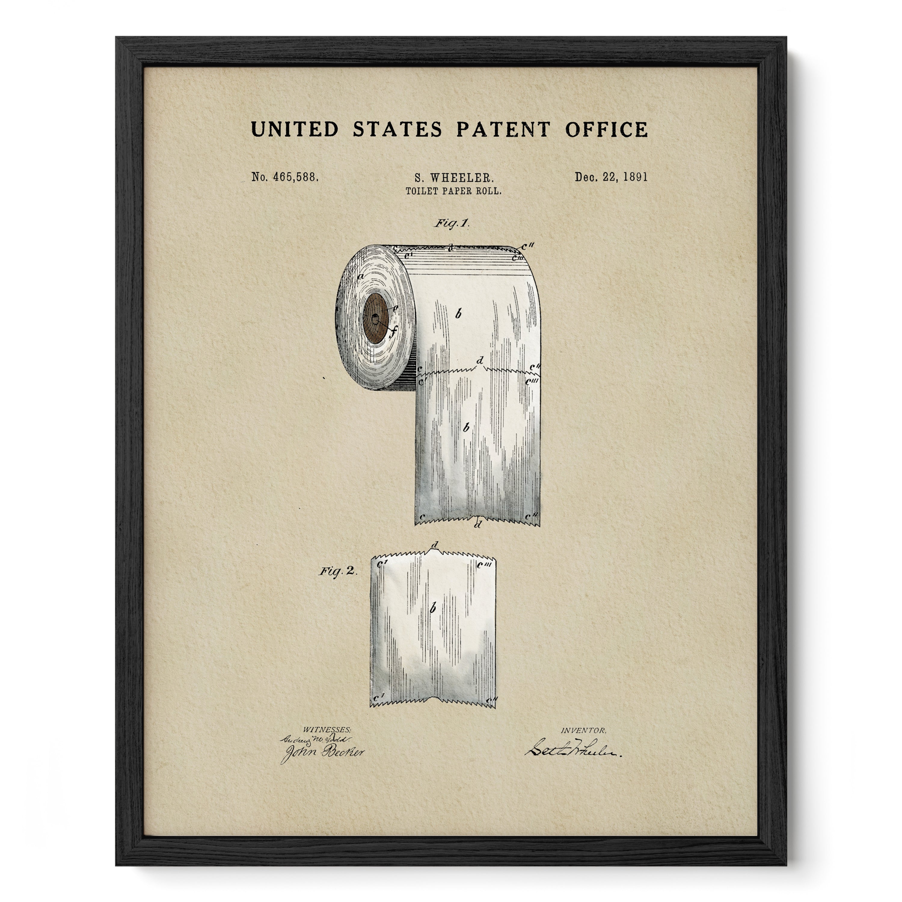 The image is a framed print depicting a toilet paper roll from the United States Patent Office, dated December 22, 1901.