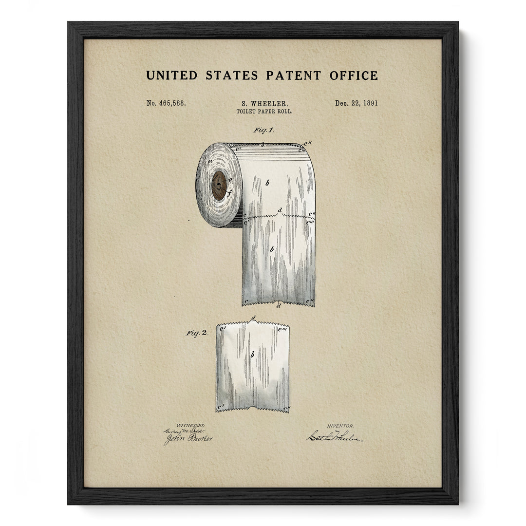 The image is a framed print depicting a toilet paper roll from the United States Patent Office, dated December 22, 1901.
