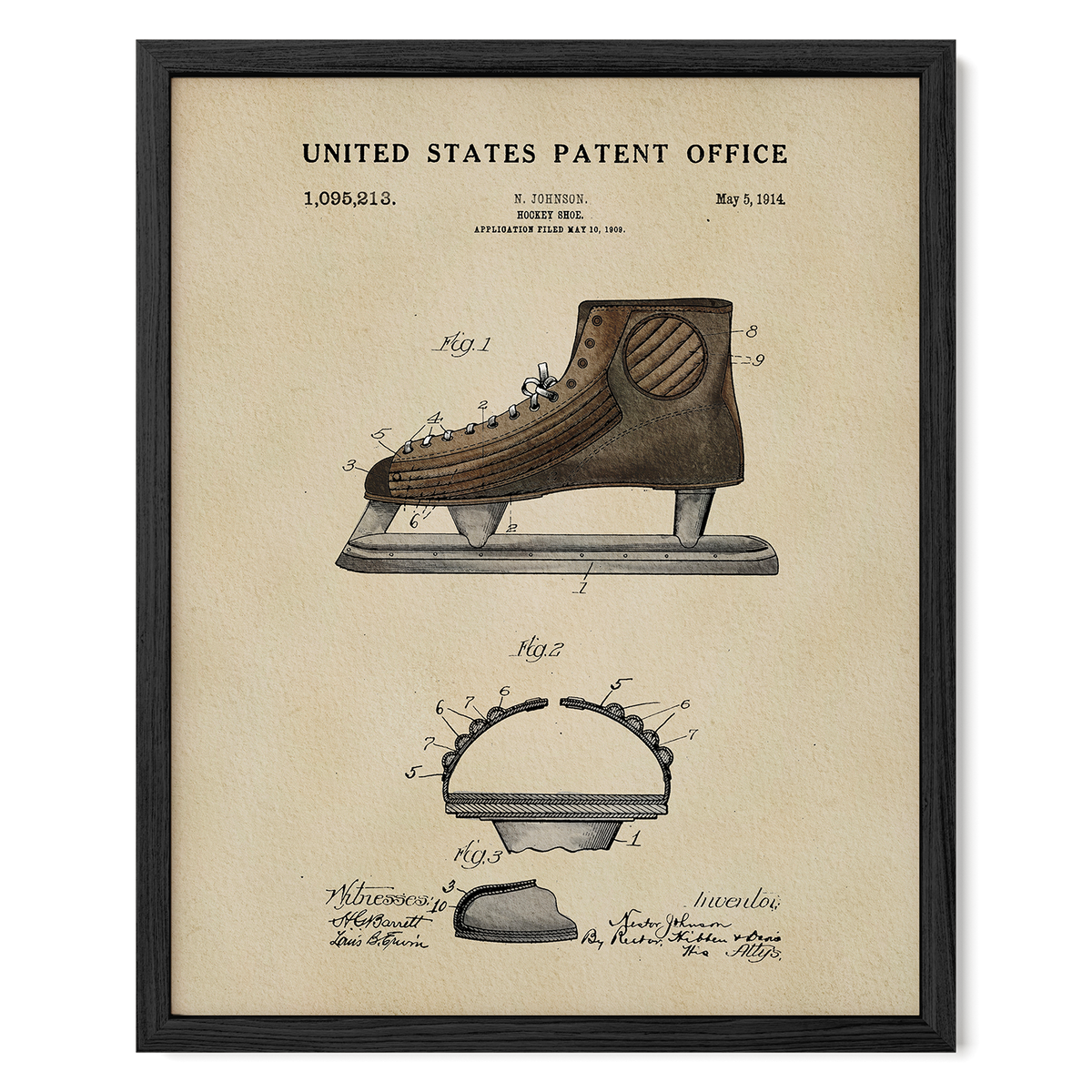 The image is a framed patent drawing of a pair of brown ice skates, depicting the design and features of the skates.