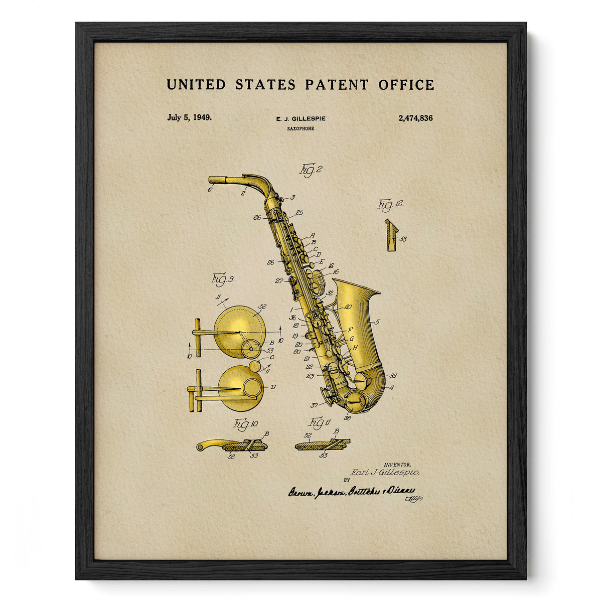 The image is a framed patent drawing of a saxophone, depicting its various components and parts in a detailed manner.