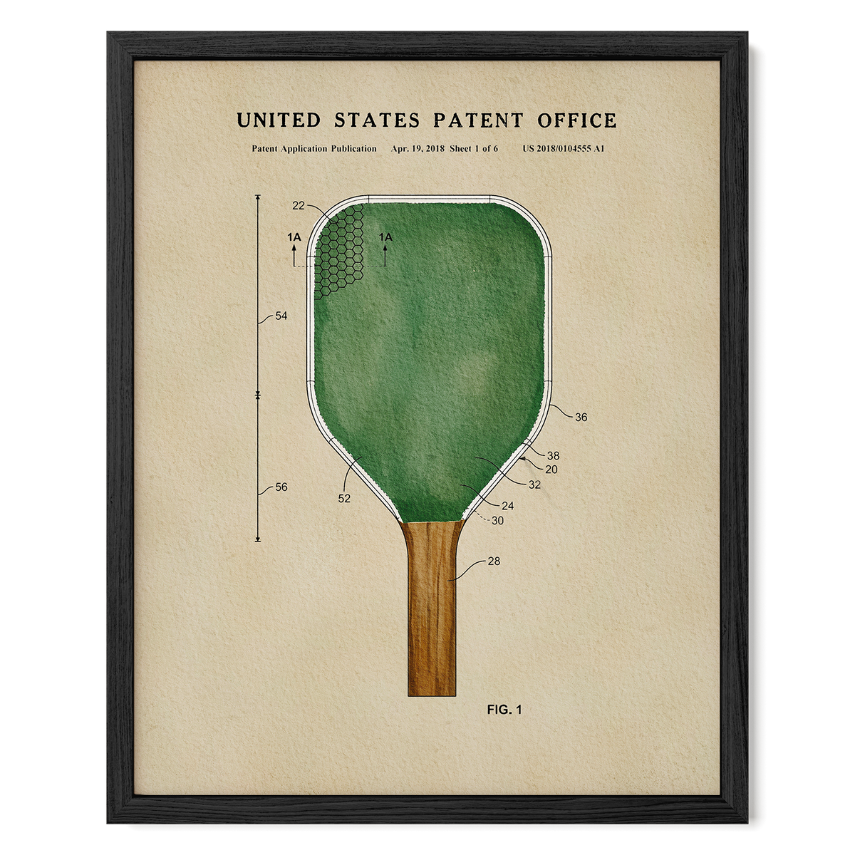 The image is a framed patent drawing of a paddle, depicting the design and features of the paddle in a detailed manner.
