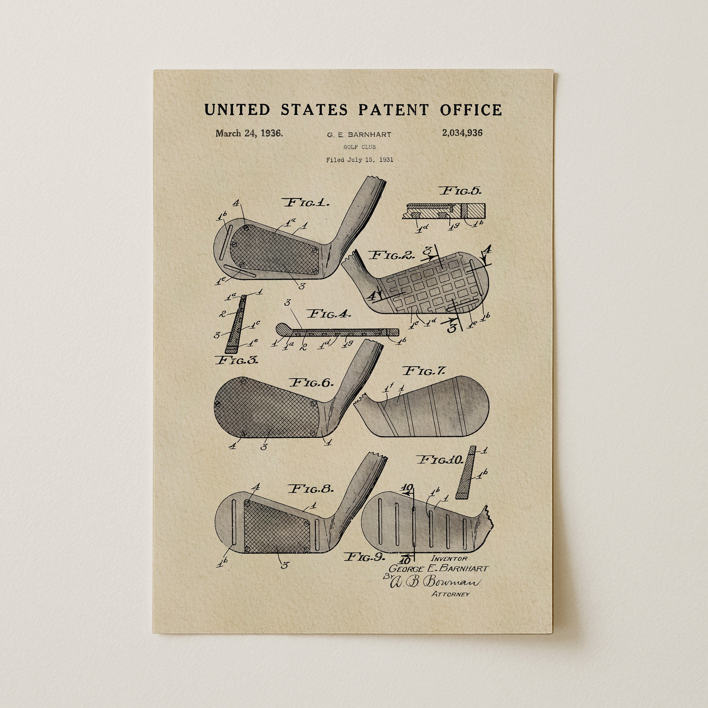 The image is a patent drawing from the United States Patent Office, dated March 24, 1936, depicting various golf clubs and their designs.