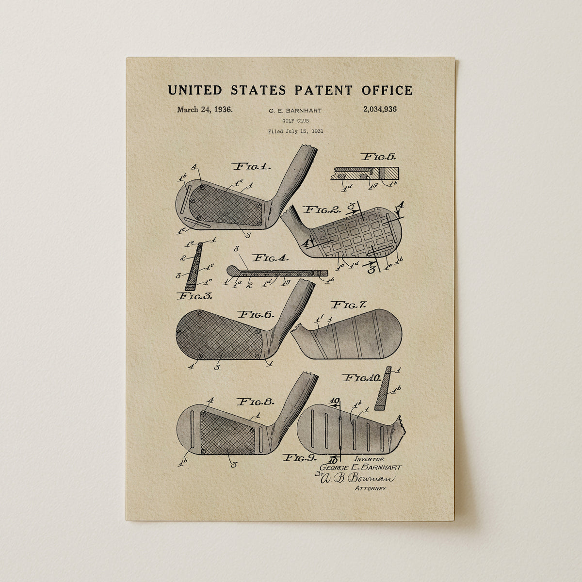 The image is a patent drawing from the United States Patent Office, dated March 24, 1936, depicting various golf clubs and their designs.