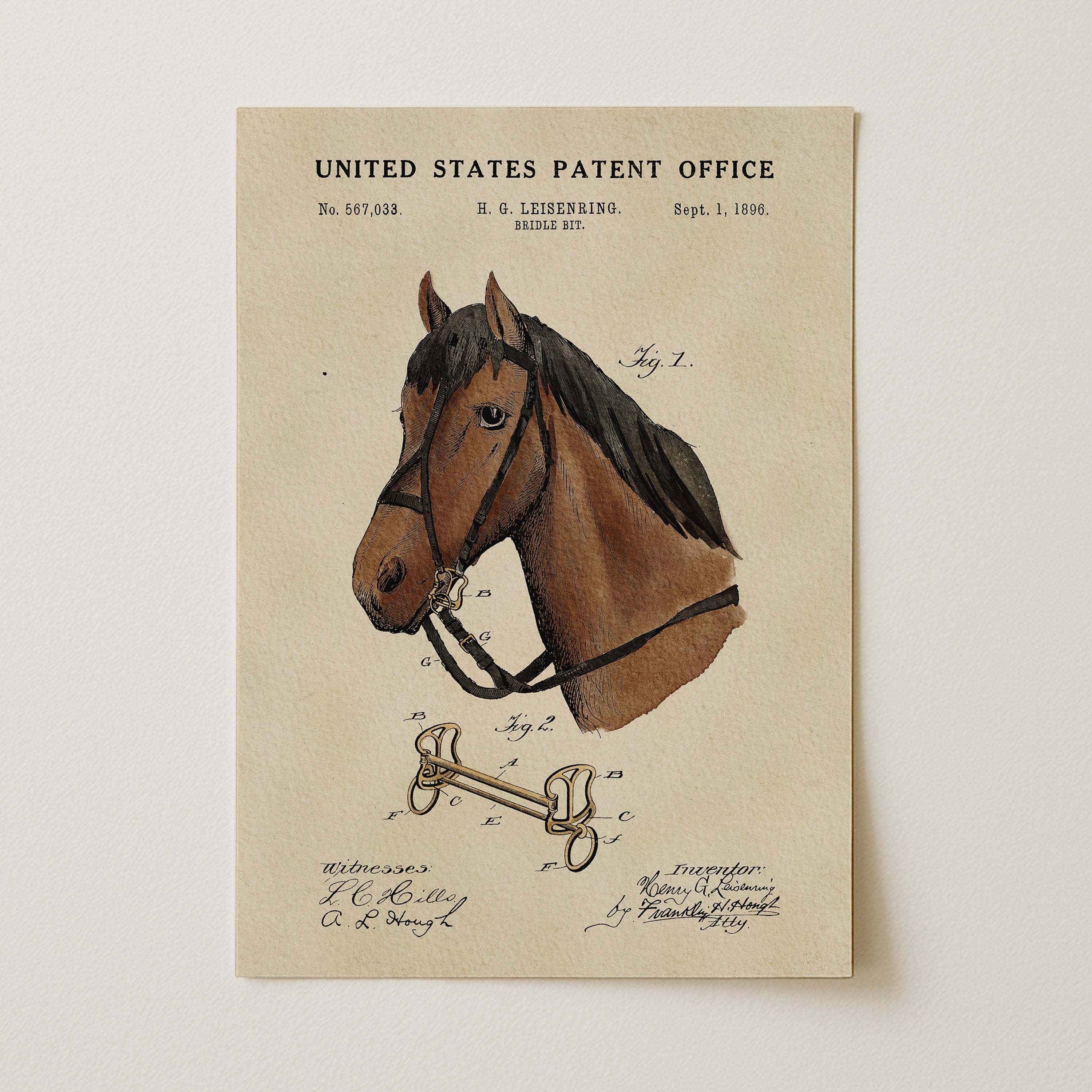 The image is a patent drawing of a horse, depicting a harness and a key.