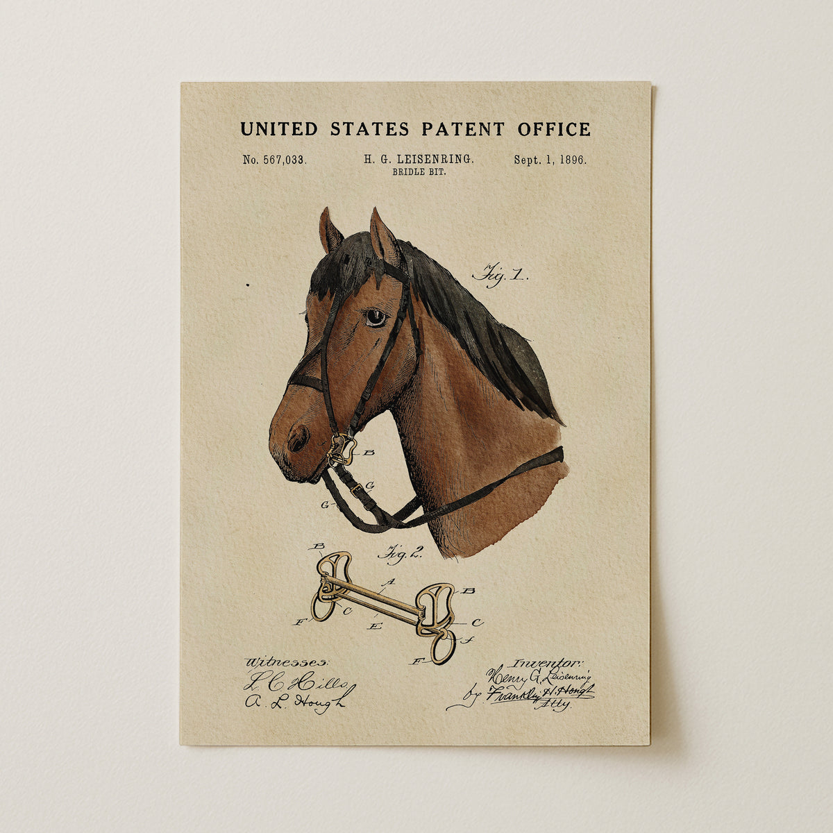 The image is a patent drawing of a horse, depicting a harness and a key.