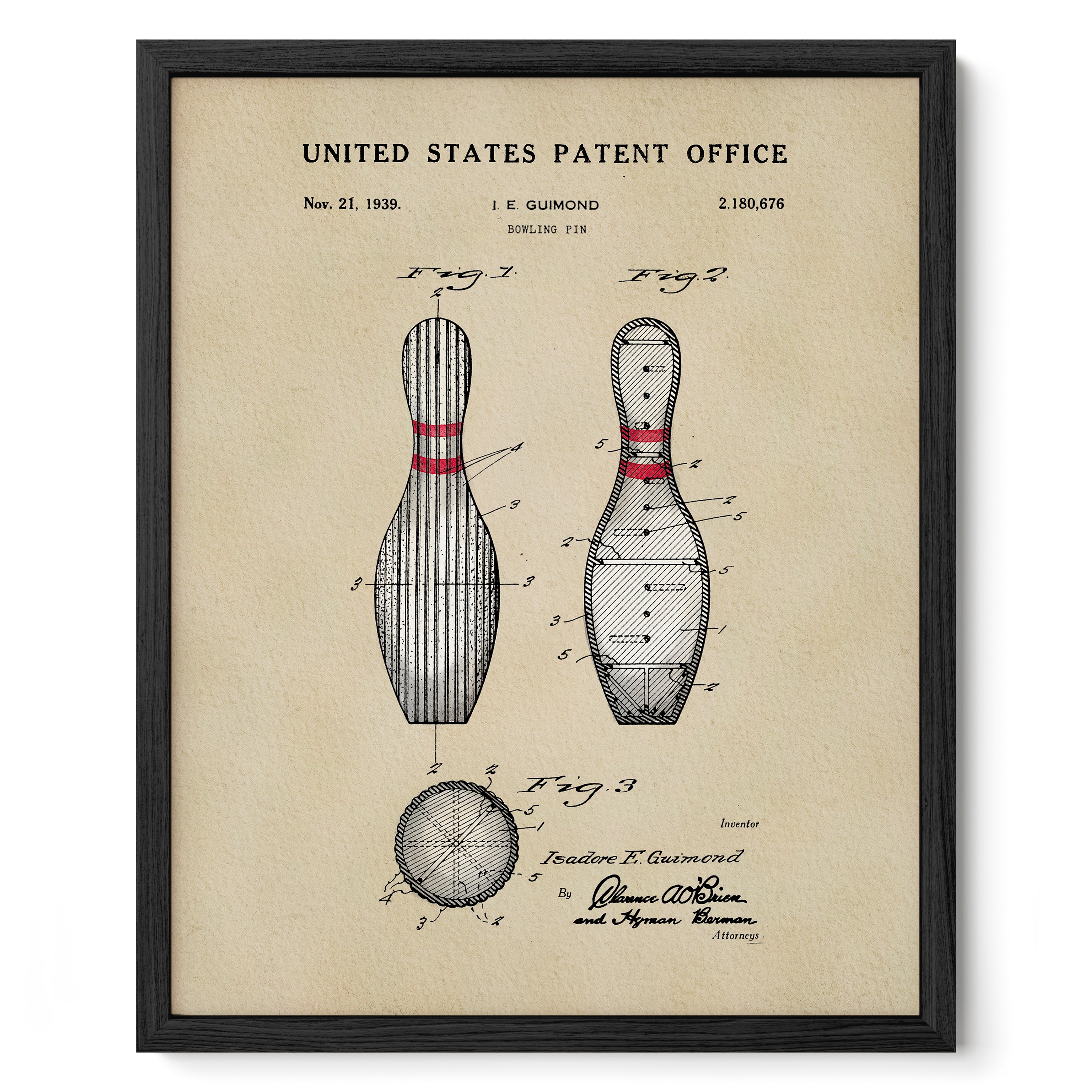 The image is a framed patent drawing of a bowling pin, depicting the design and features of the pin in detail.