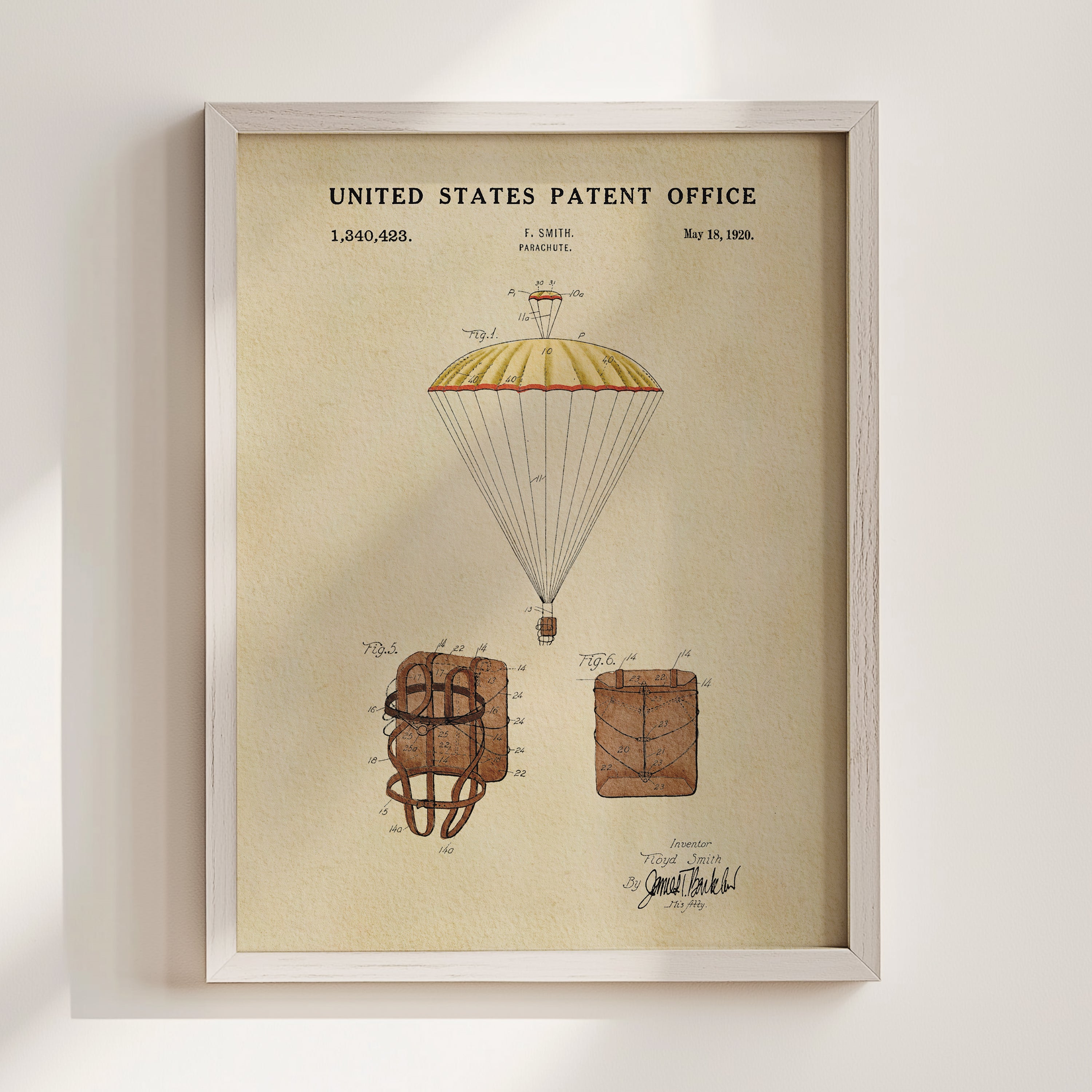 The image is a framed print of a patent drawing for a parachute, featuring a detailed illustration of the parachute design and its components.