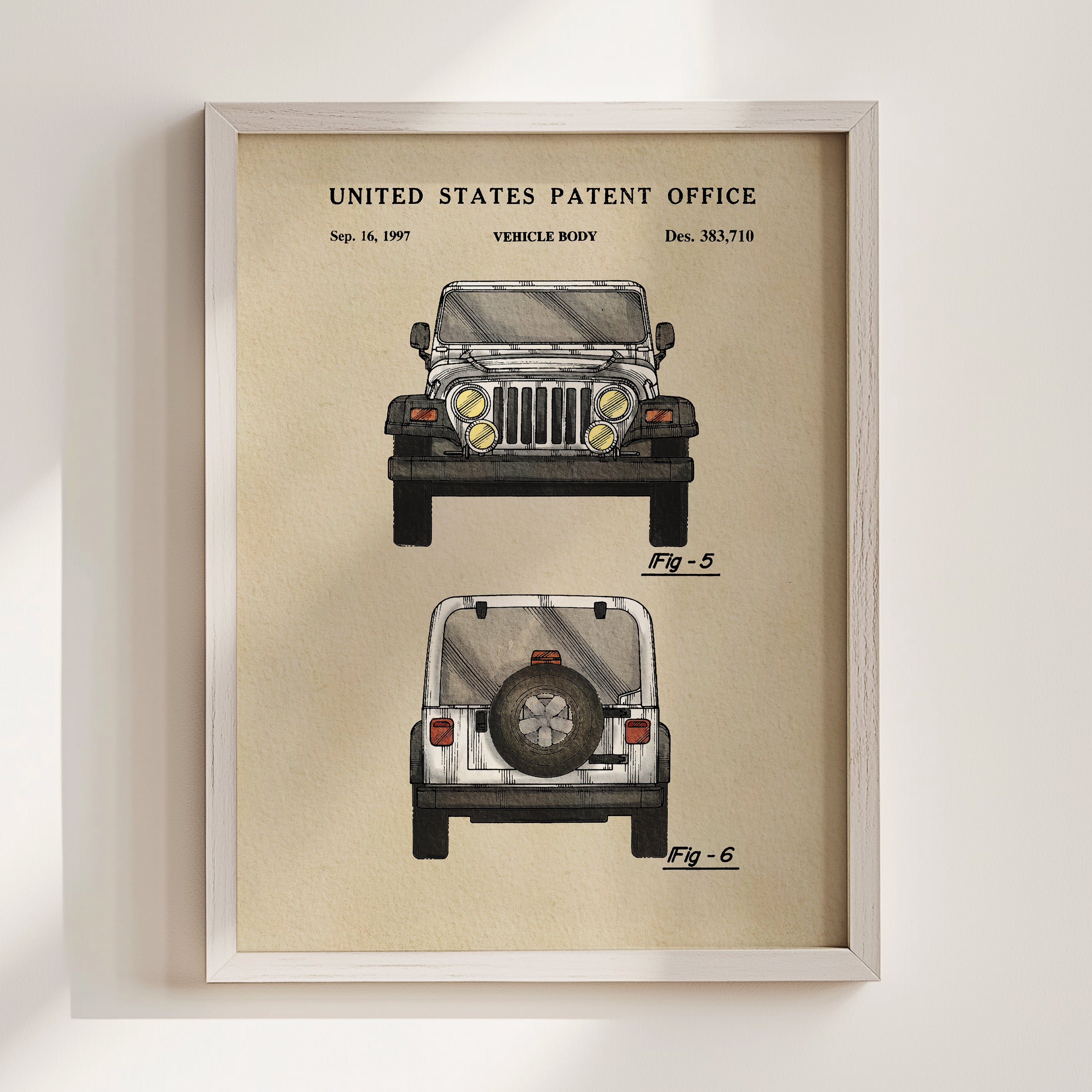 The image is a framed patent drawing of a vehicle, specifically a Jeep, with detailed illustrations of the vehicle's design and features.