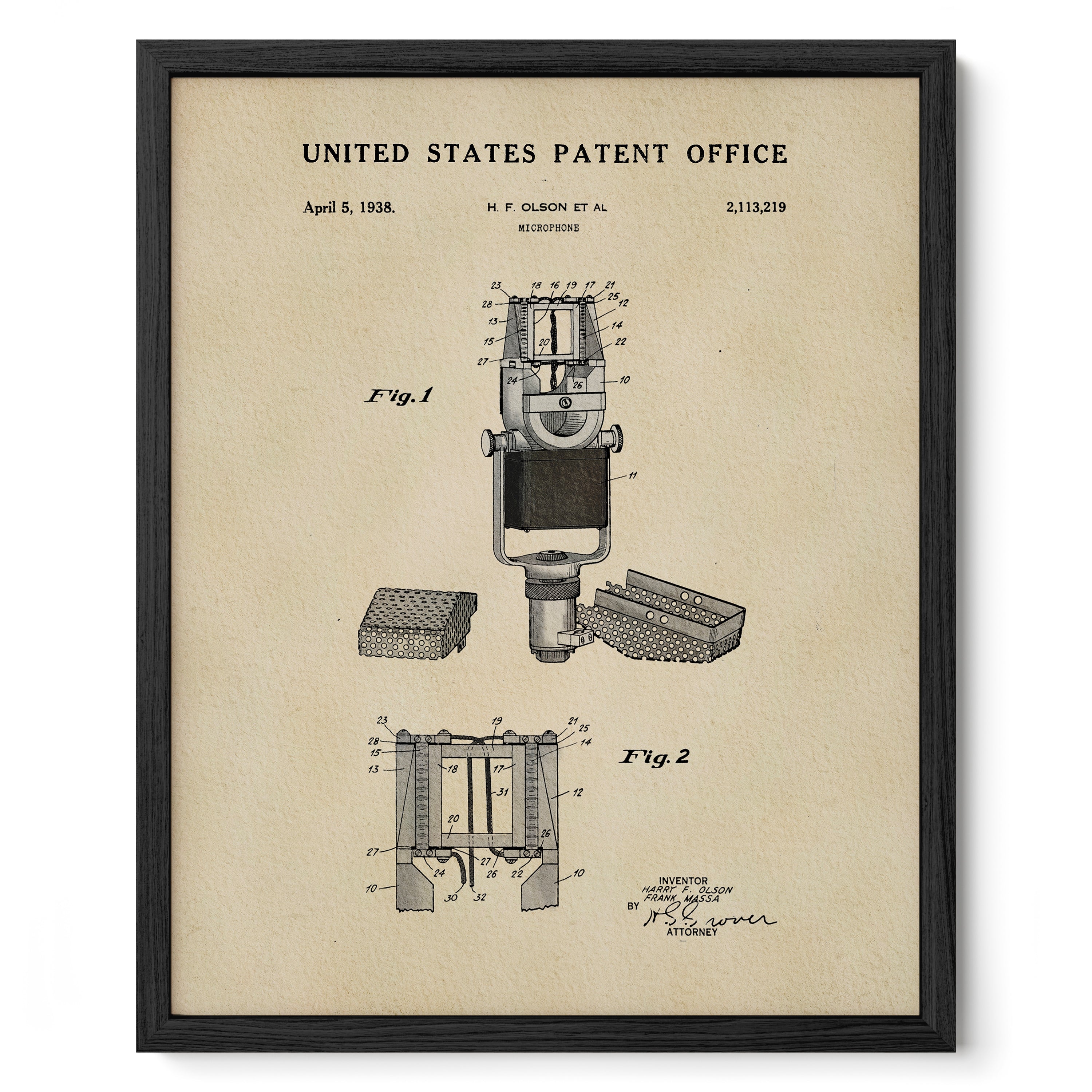 The image is a framed vintage patent drawing of a microphone, depicting its design and features.