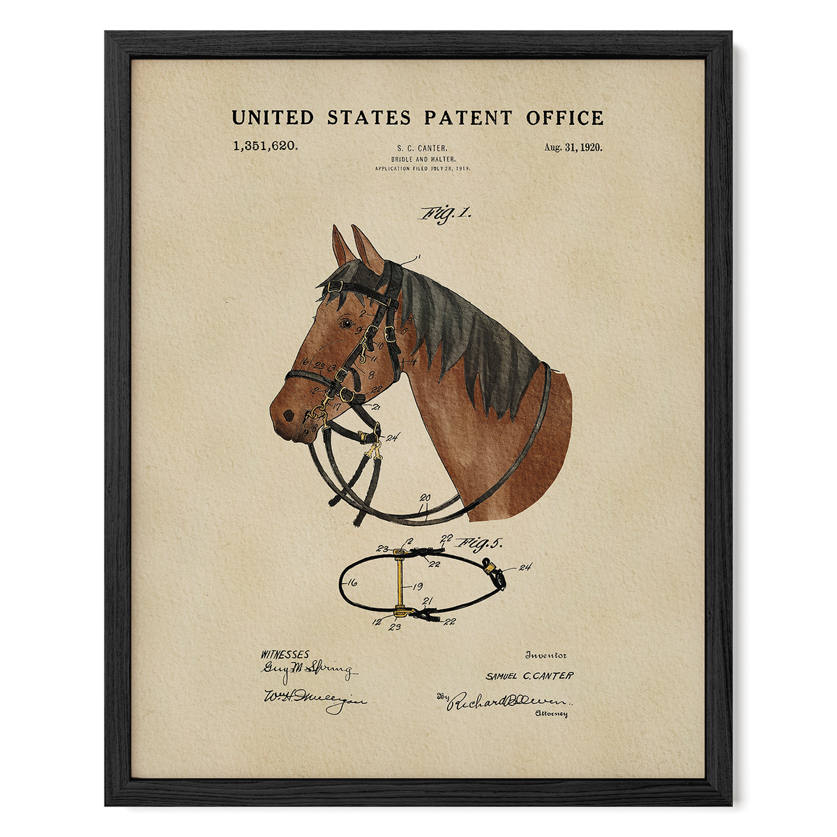 The image is a framed patent drawing of a horse's head with a bridle, depicting the design of the bridle and its components.