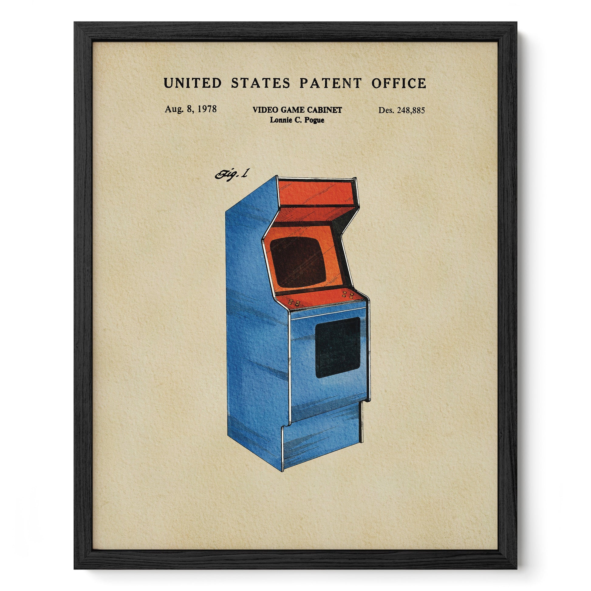 A framed vintage-style patent drawing of a video game cabinet from the United States Patent Office, dated August 8, 1978.