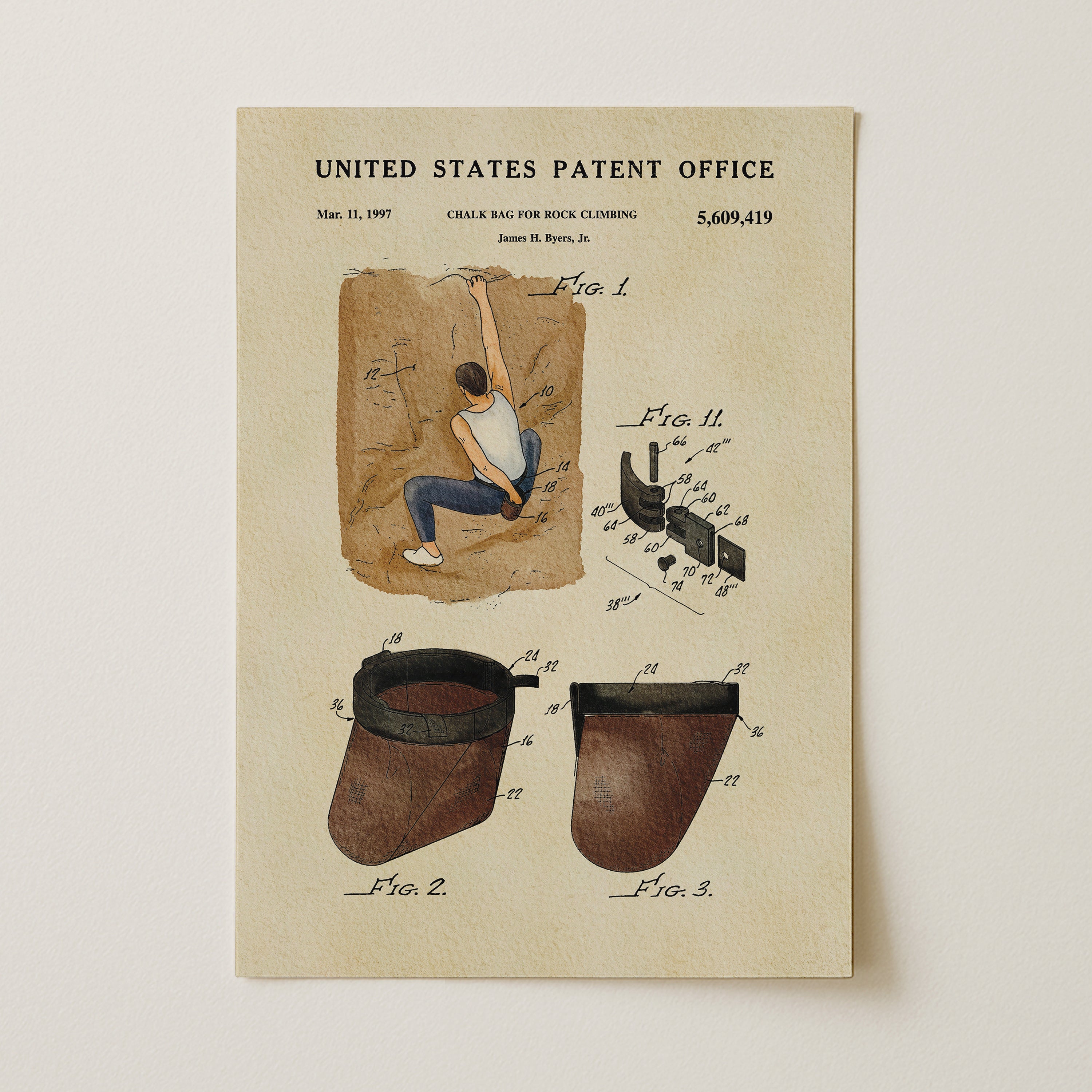 The image is a patent drawing from the United States Patent Office, depicting a man climbing a rock face.