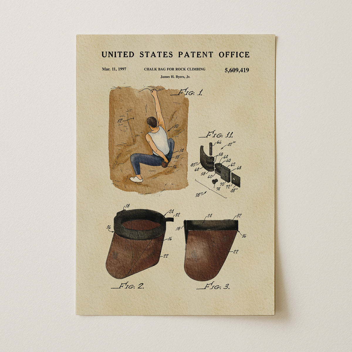 The image is a patent drawing from the United States Patent Office, depicting a man climbing a rock face.