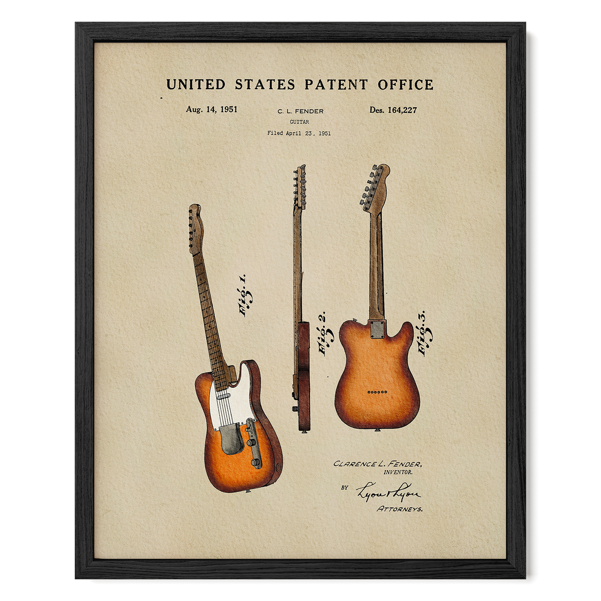The image is a framed patent drawing of a guitar, depicting three different types of guitars with detailed illustrations and text.
