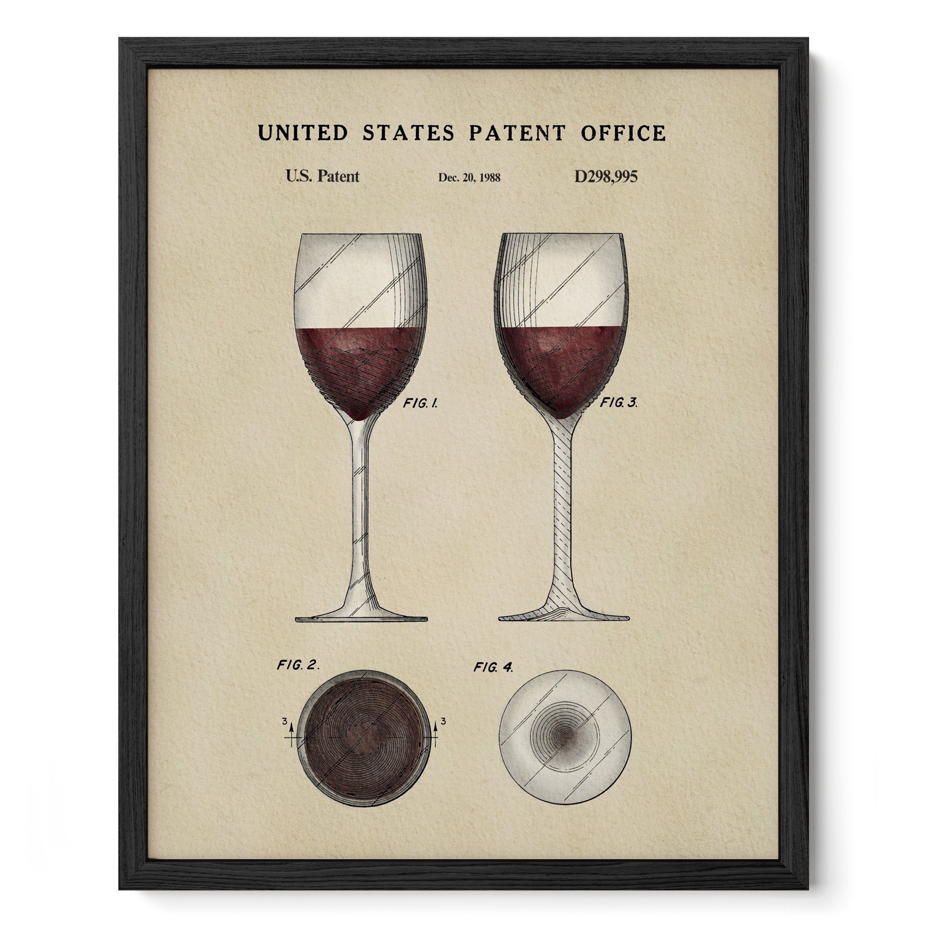 The image is a framed vintage patent drawing of two wine glasses, depicting the design and structure of the glasses.