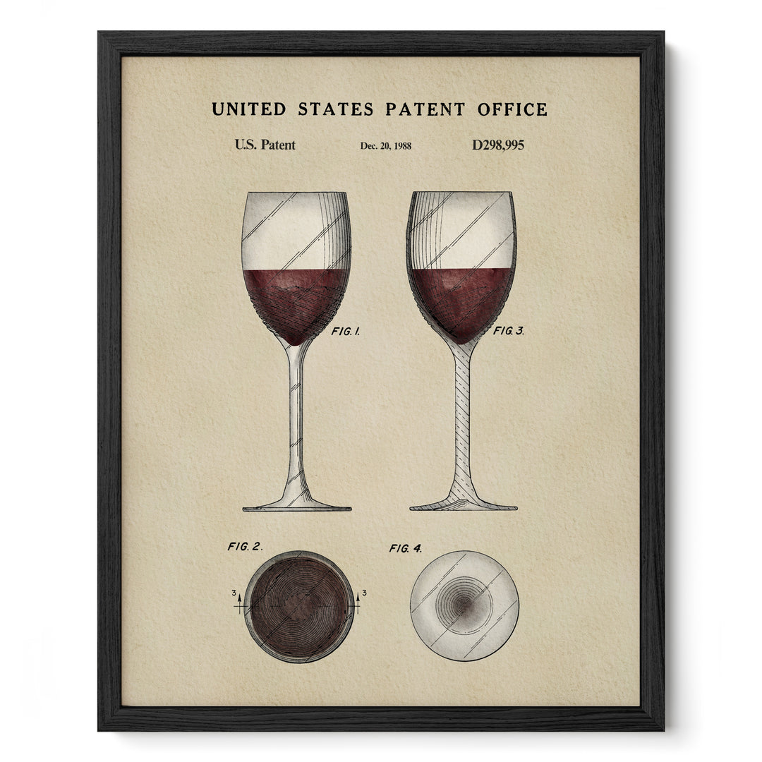 The image is a framed vintage patent drawing of two wine glasses, depicting the design and structure of the glasses.