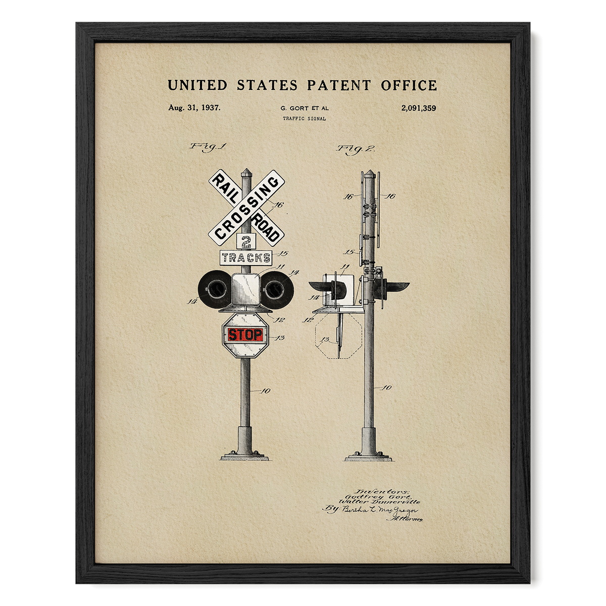 The image is a framed patent drawing depicting a railroad crossing signal, which is a device used to control traffic at railroad crossings.