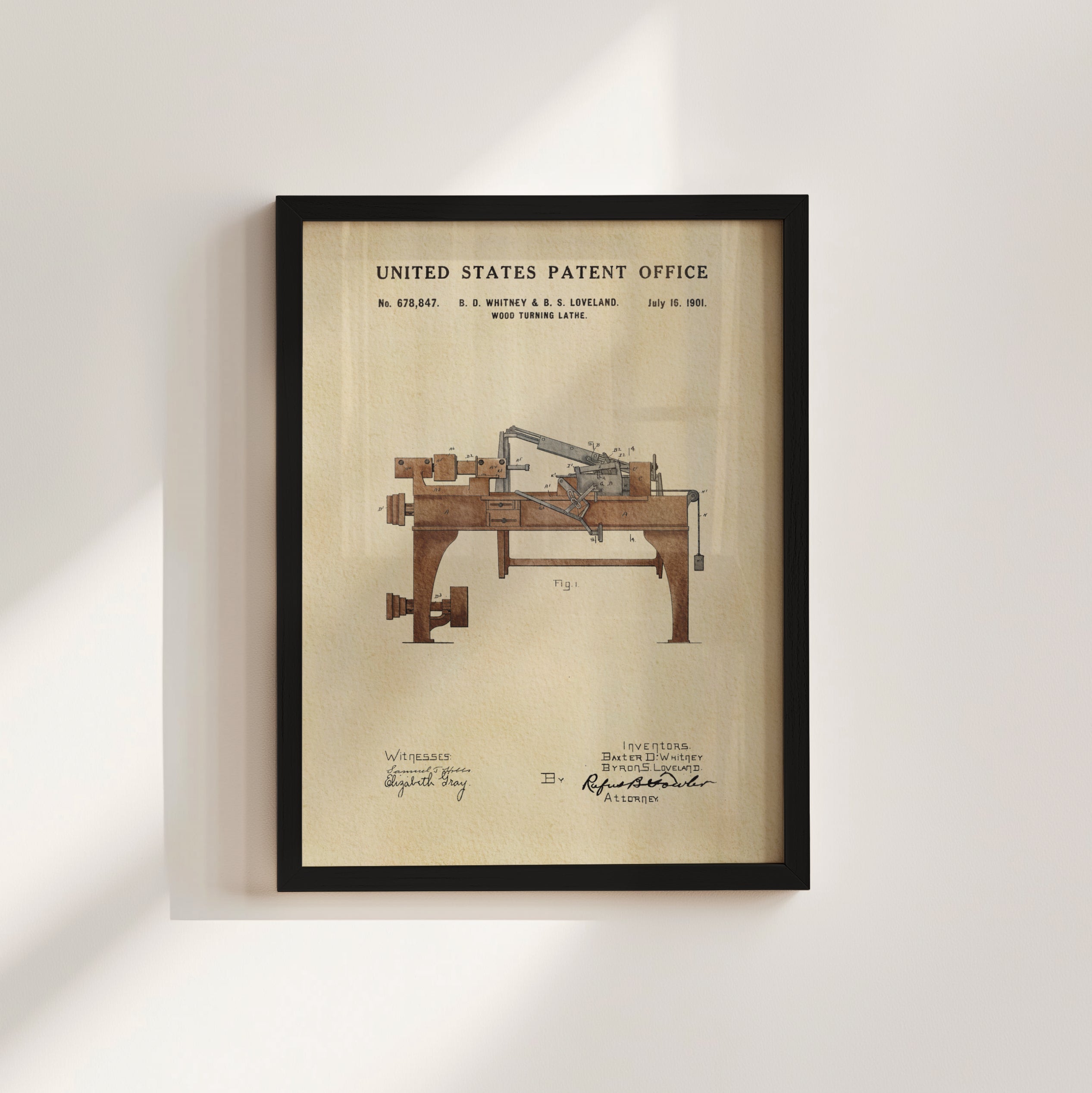 The image is a framed patent drawing of a wooden machine, depicting a tool or device with a wooden frame and a wooden handle.