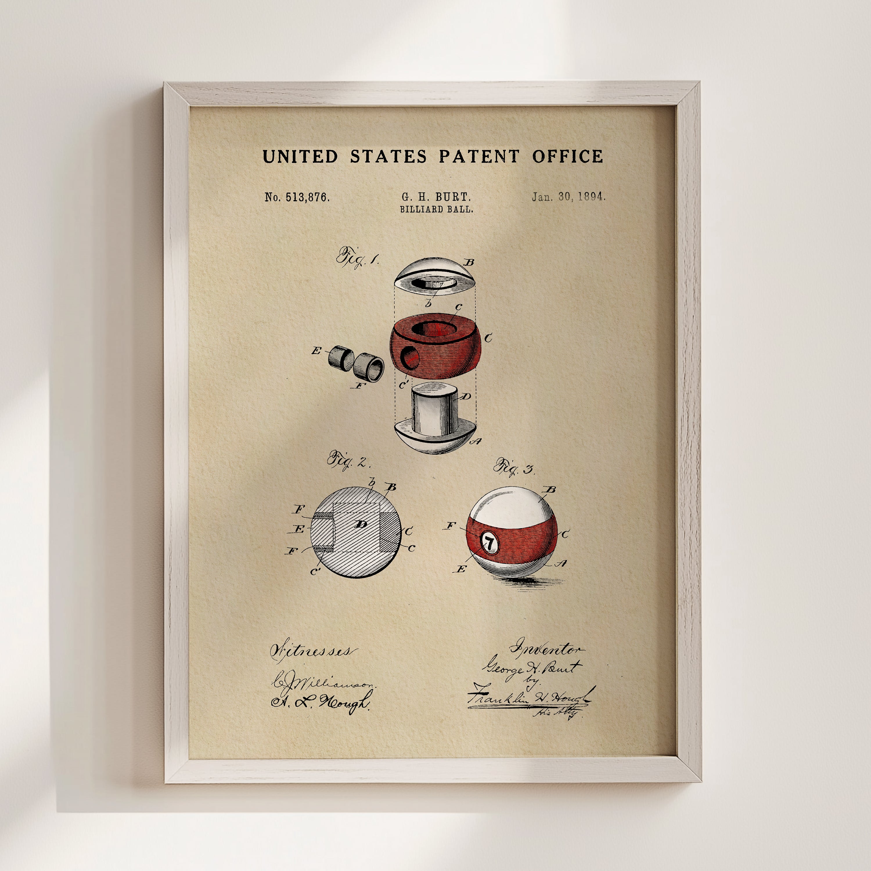 The image is a framed patent drawing depicting a red and white ball with a hole in the center, along with other technical drawings and annotations.