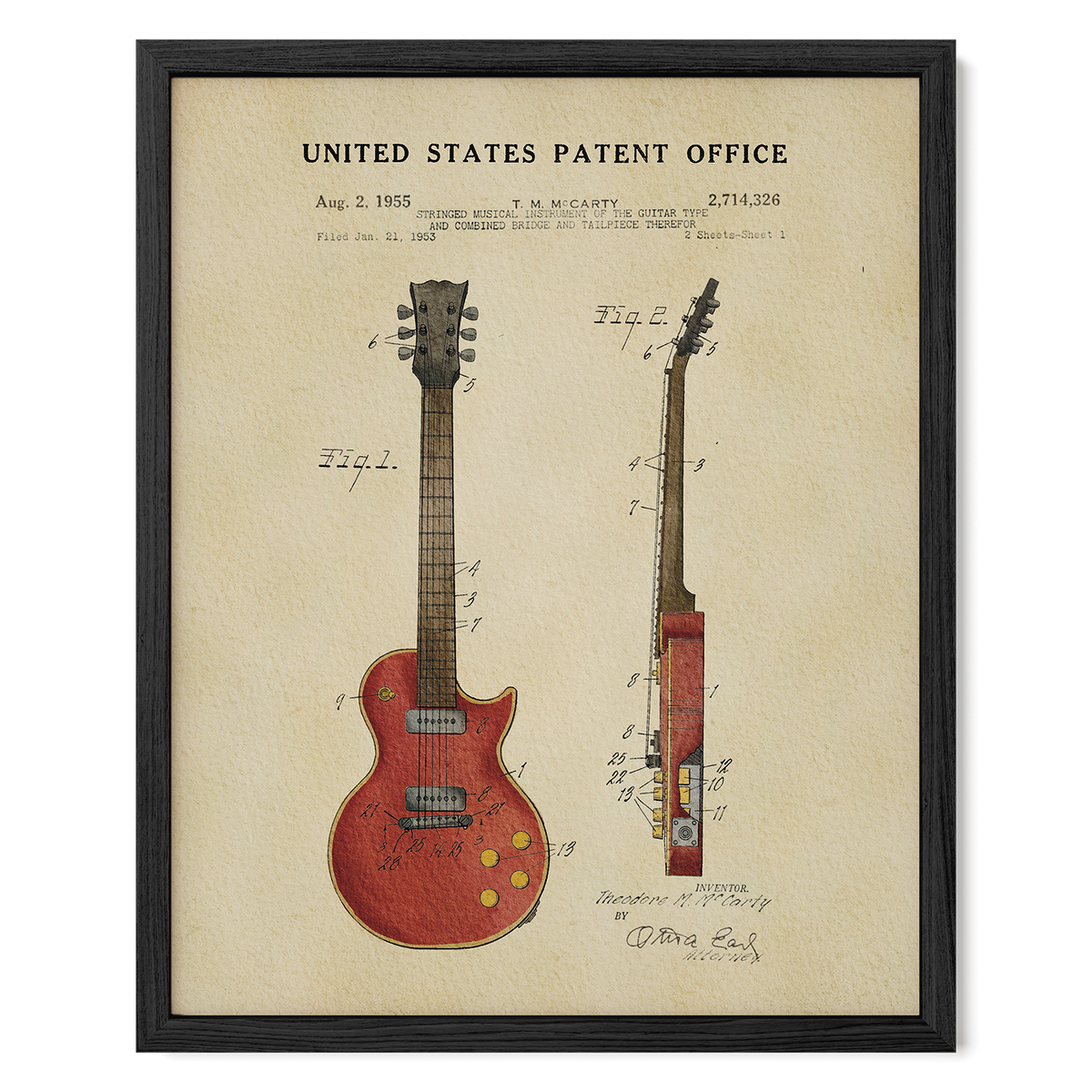 The image is a framed patent drawing of a red electric guitar, depicting the design and features of the guitar.