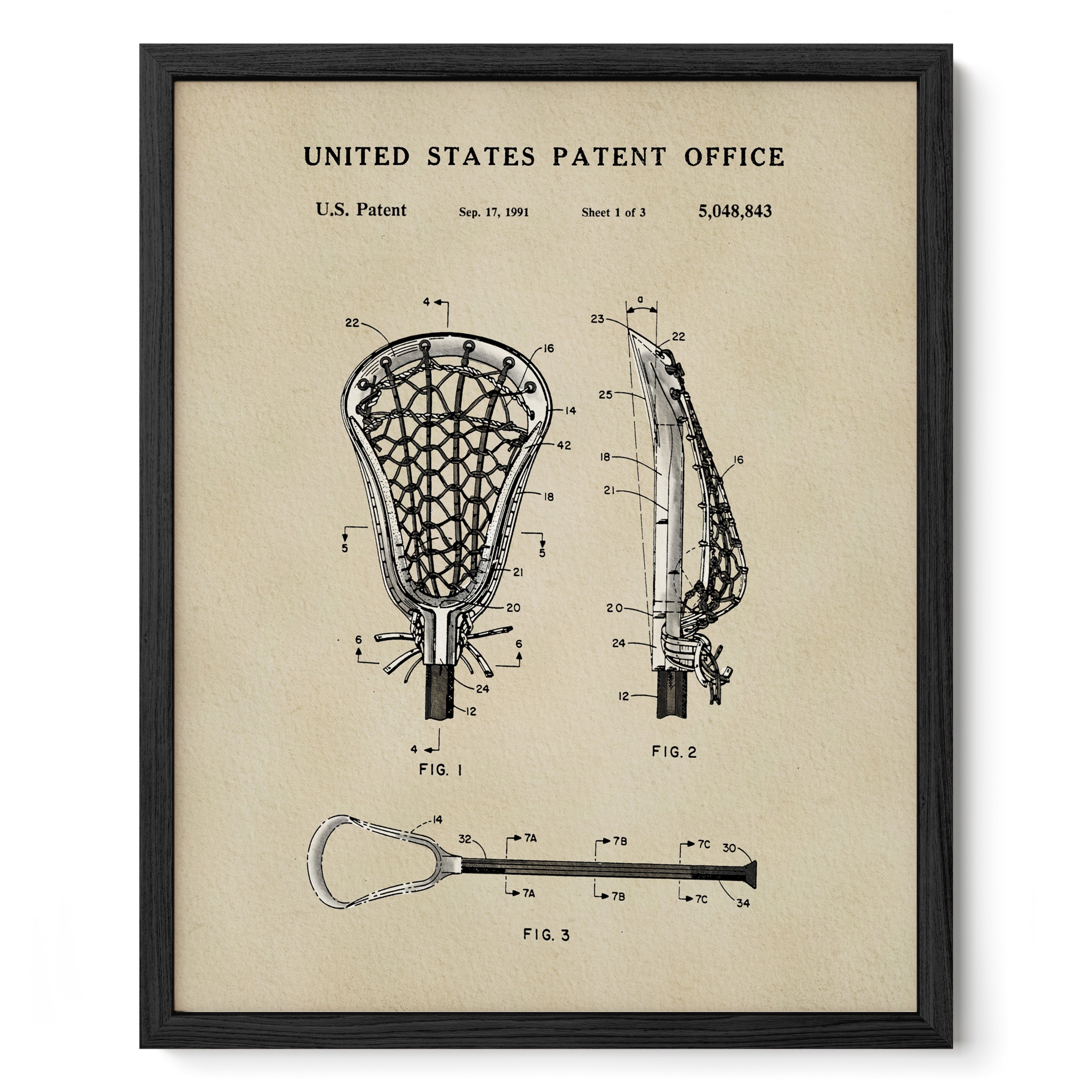 The image is a framed patent drawing of a lacrosse stick, depicting the design and features of the lacrosse stick in a technical drawing style.
