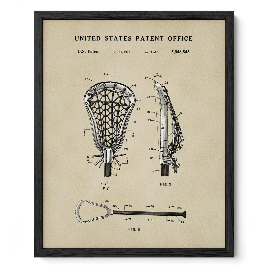 The image is a framed patent drawing of a lacrosse stick, depicting the design and features of the lacrosse stick in a technical drawing style.