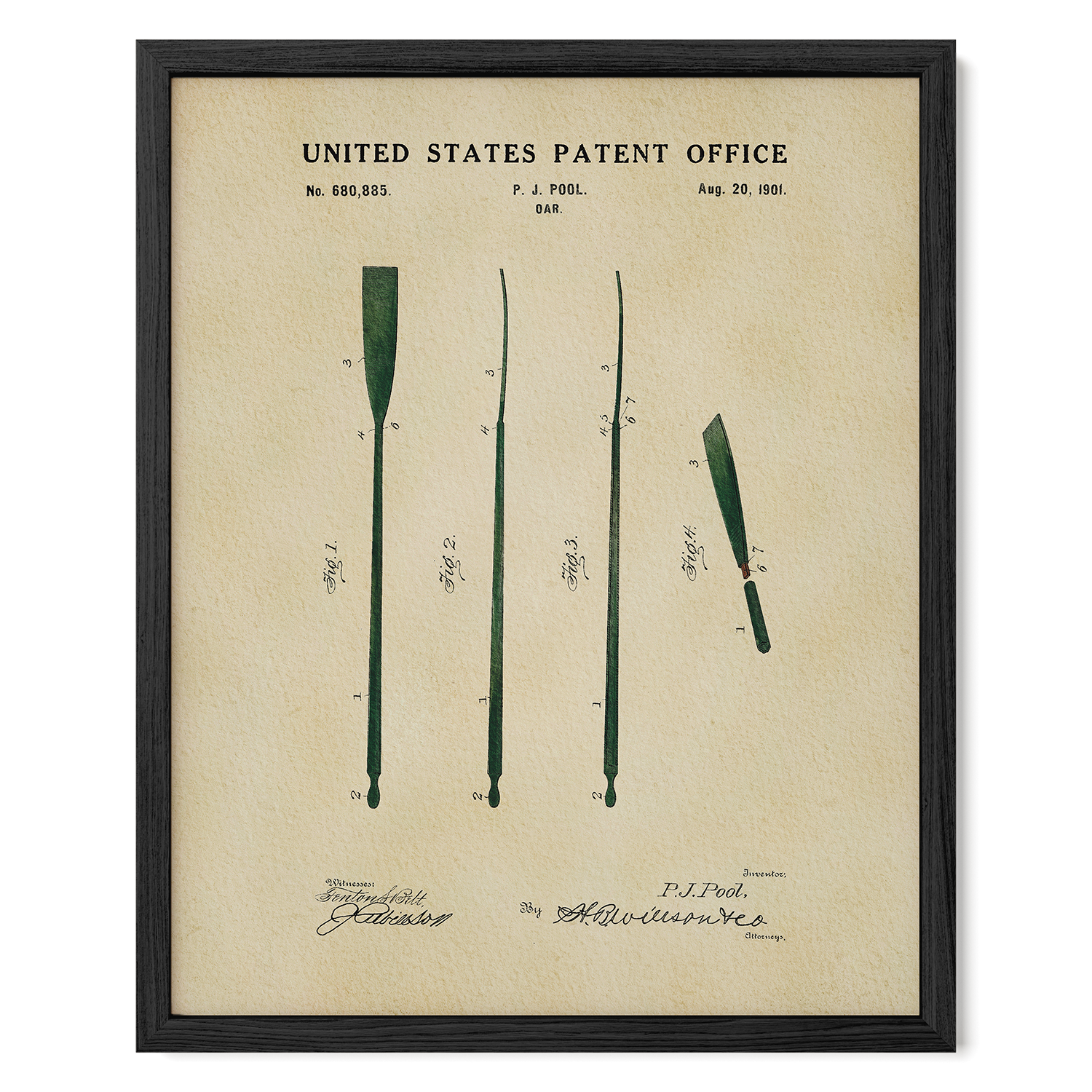 The image is a framed patent drawing depicting a paddle with a green handle and a blade, along with a signature and date.