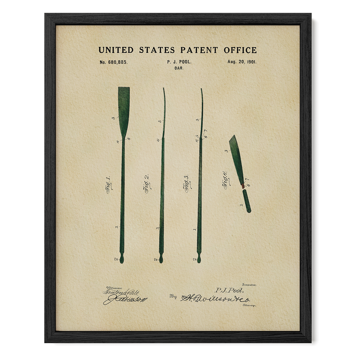 The image is a framed patent drawing depicting a paddle with a green handle and a blade, along with a signature and date.