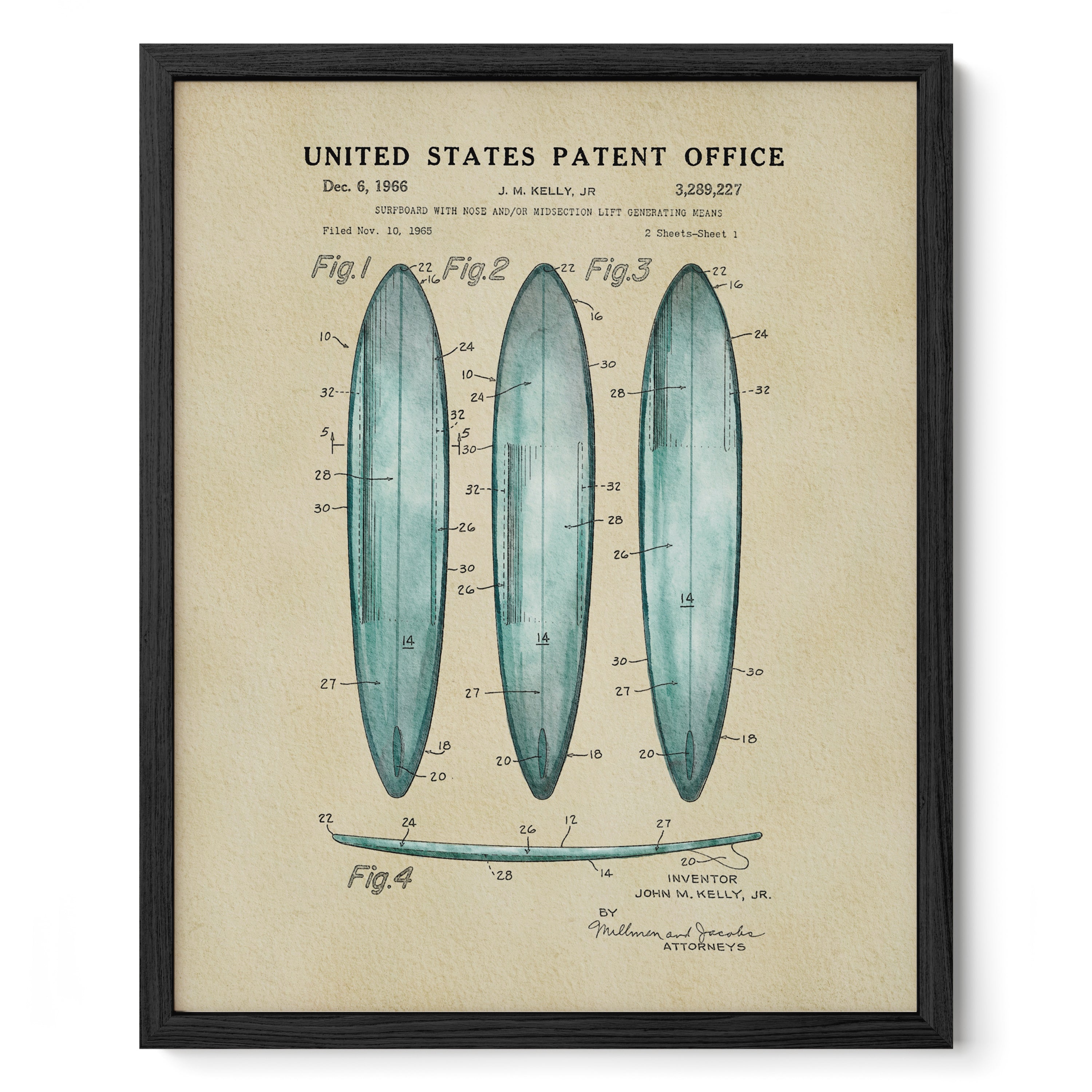 The image is a framed patent drawing depicting three blue surfboards with detailed technical drawings and labels.