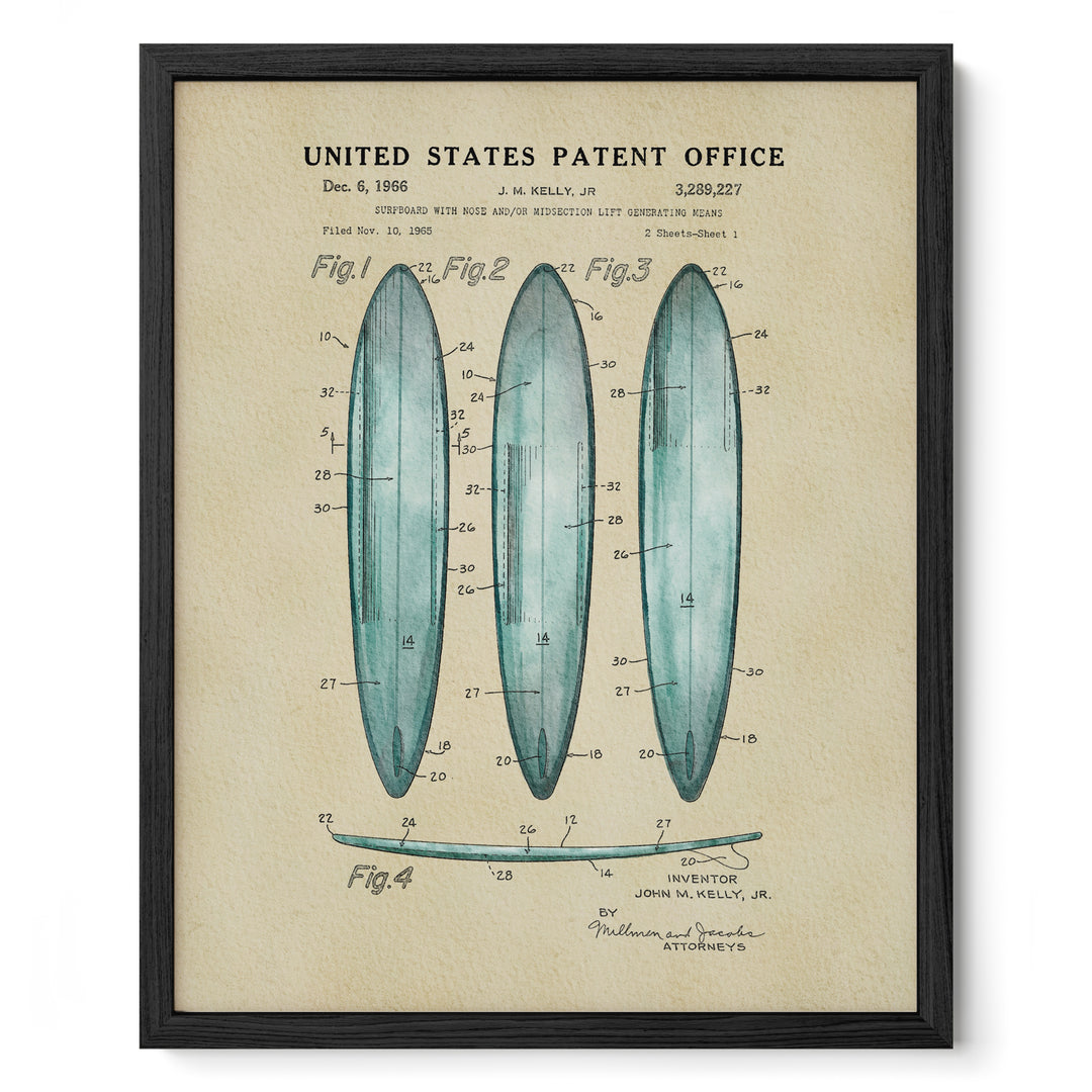 The image is a framed patent drawing depicting three blue surfboards with detailed technical drawings and labels.