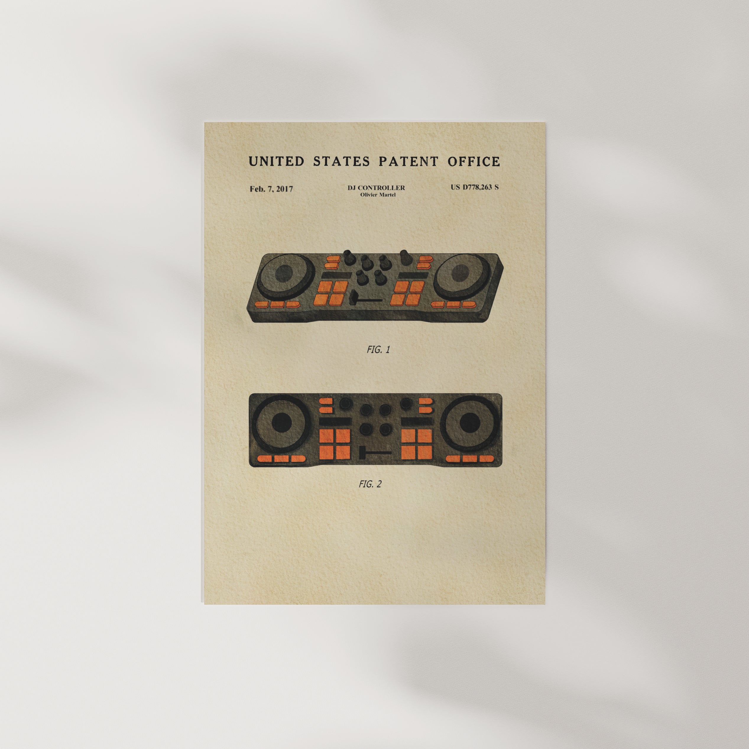 The image is a patent drawing of a DJ controller, depicting two different controllers with buttons and knobs.